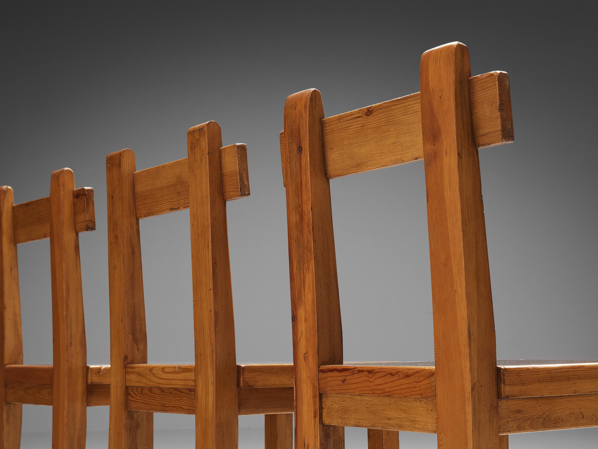 Mid-20th Century Rare French Set of Four Dining Chairs in Pine with Metal Feet