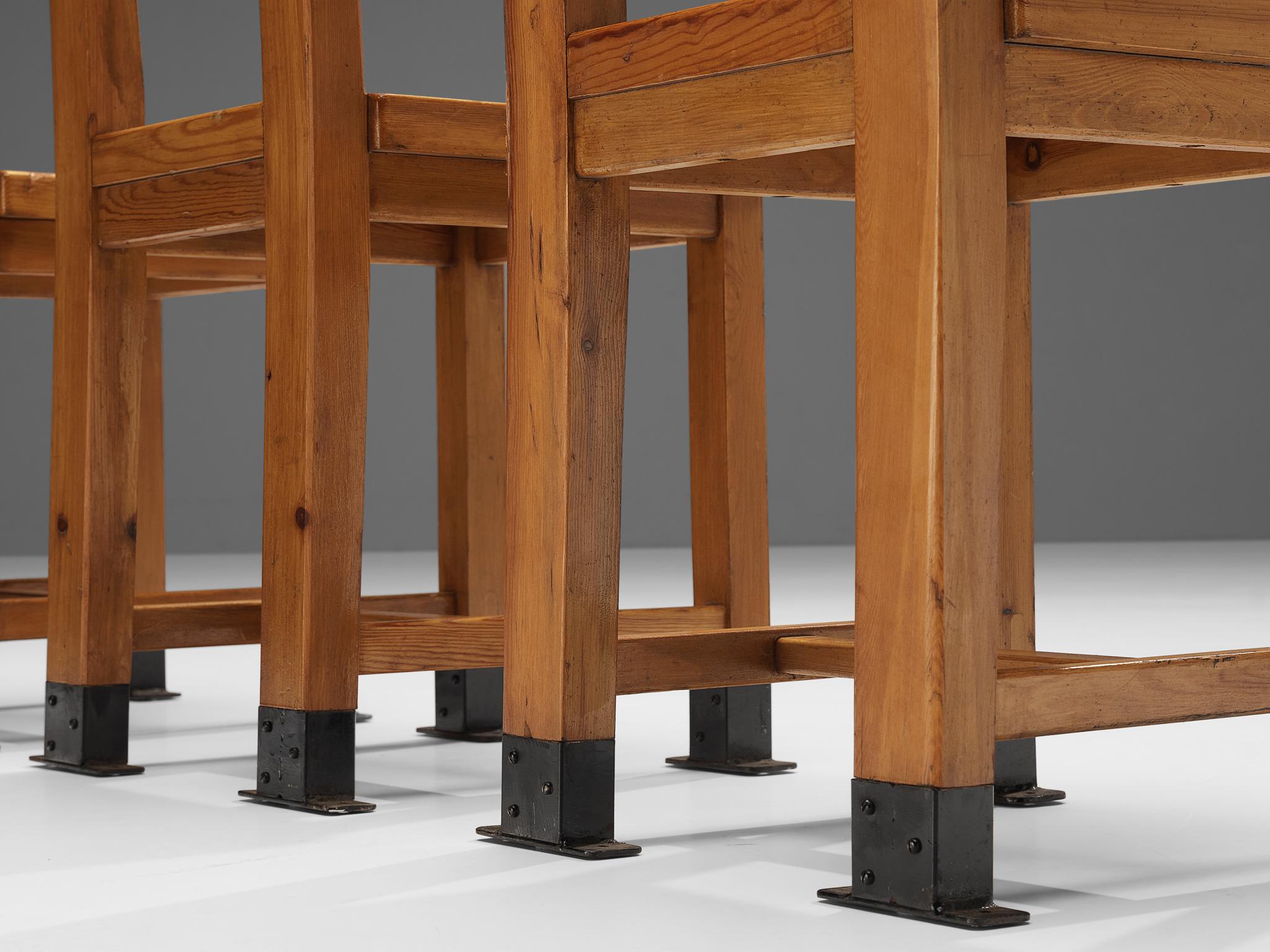 Rare French Set of Four Dining Chairs in Pine with Metal Feet 2