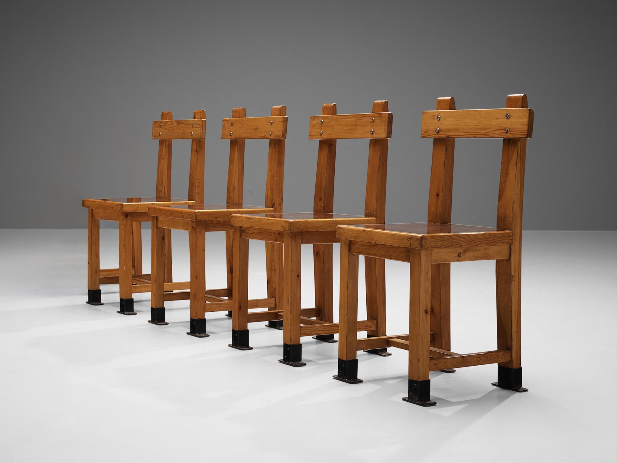 Rare French Set of Four Dining Chairs in Pine with Metal Feet 3