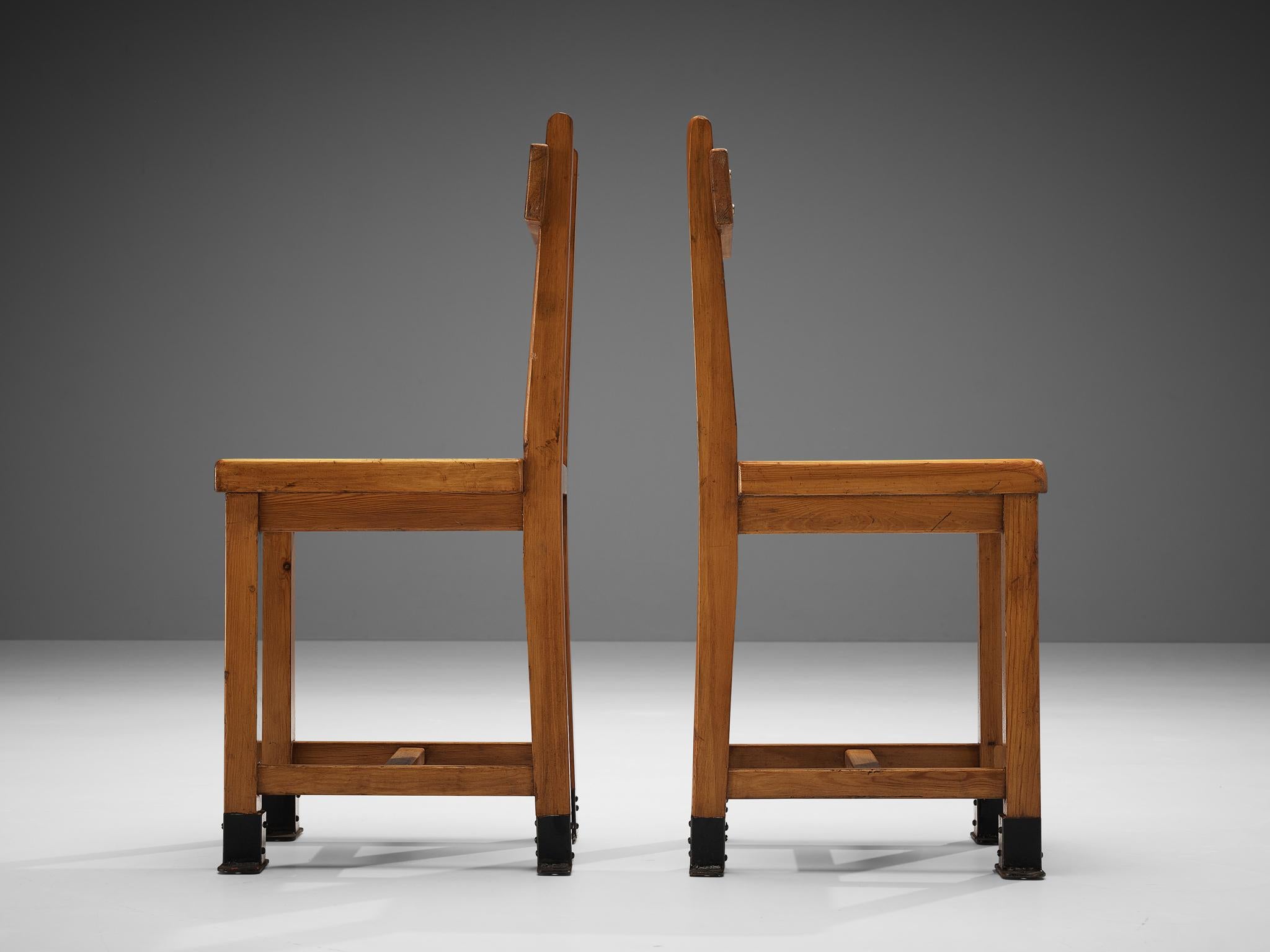 Rare French Set of Four Dining Chairs in Pine with Metal Feet 4