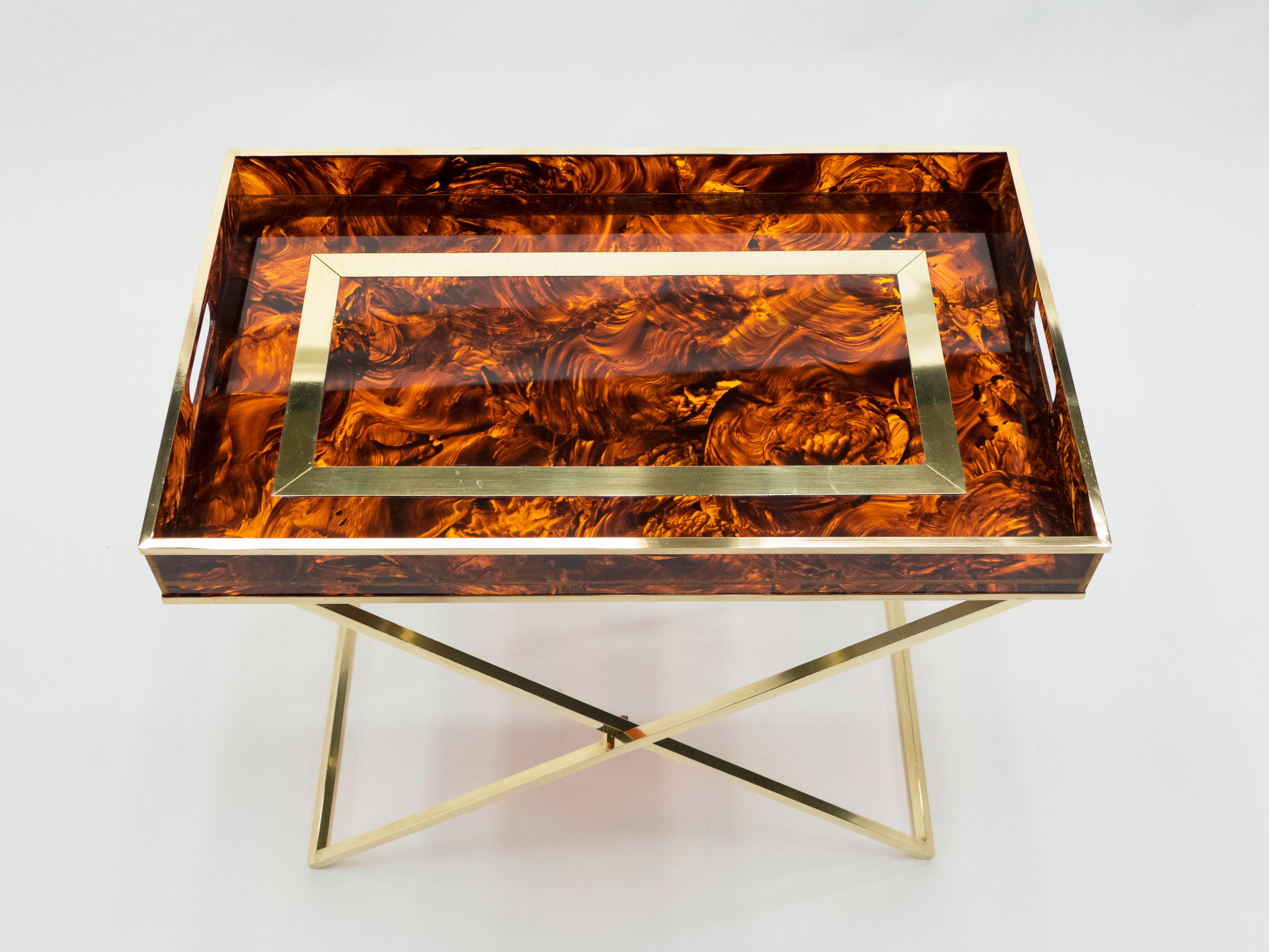 Mid-Century Modern Rare French Side Tray Table Faux Tortoise Brass Maison Mercier, 1970s