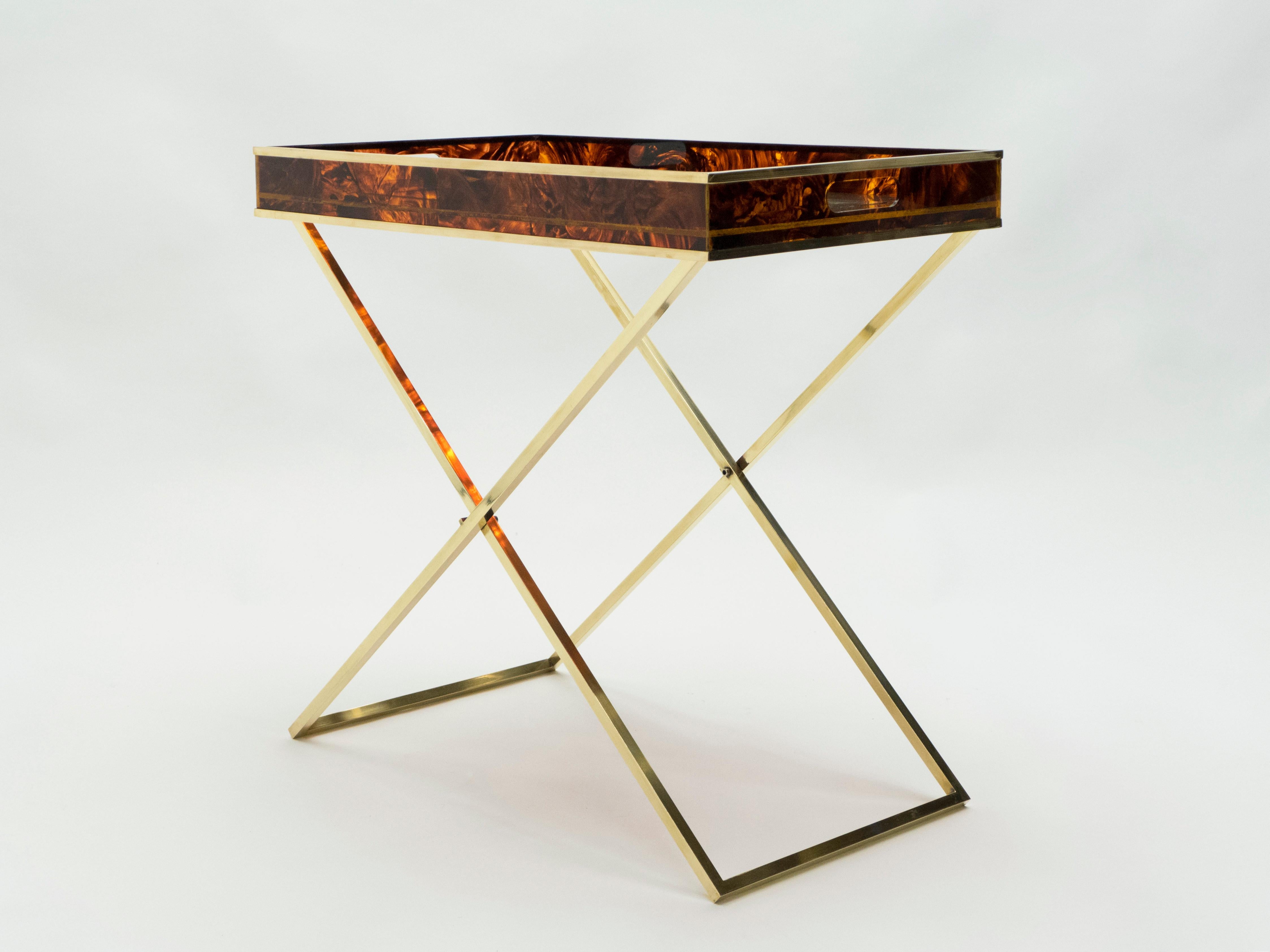 Rare French Side Tray Table Faux Tortoise Brass Maison Mercier, 1970s In Good Condition In Paris, IDF