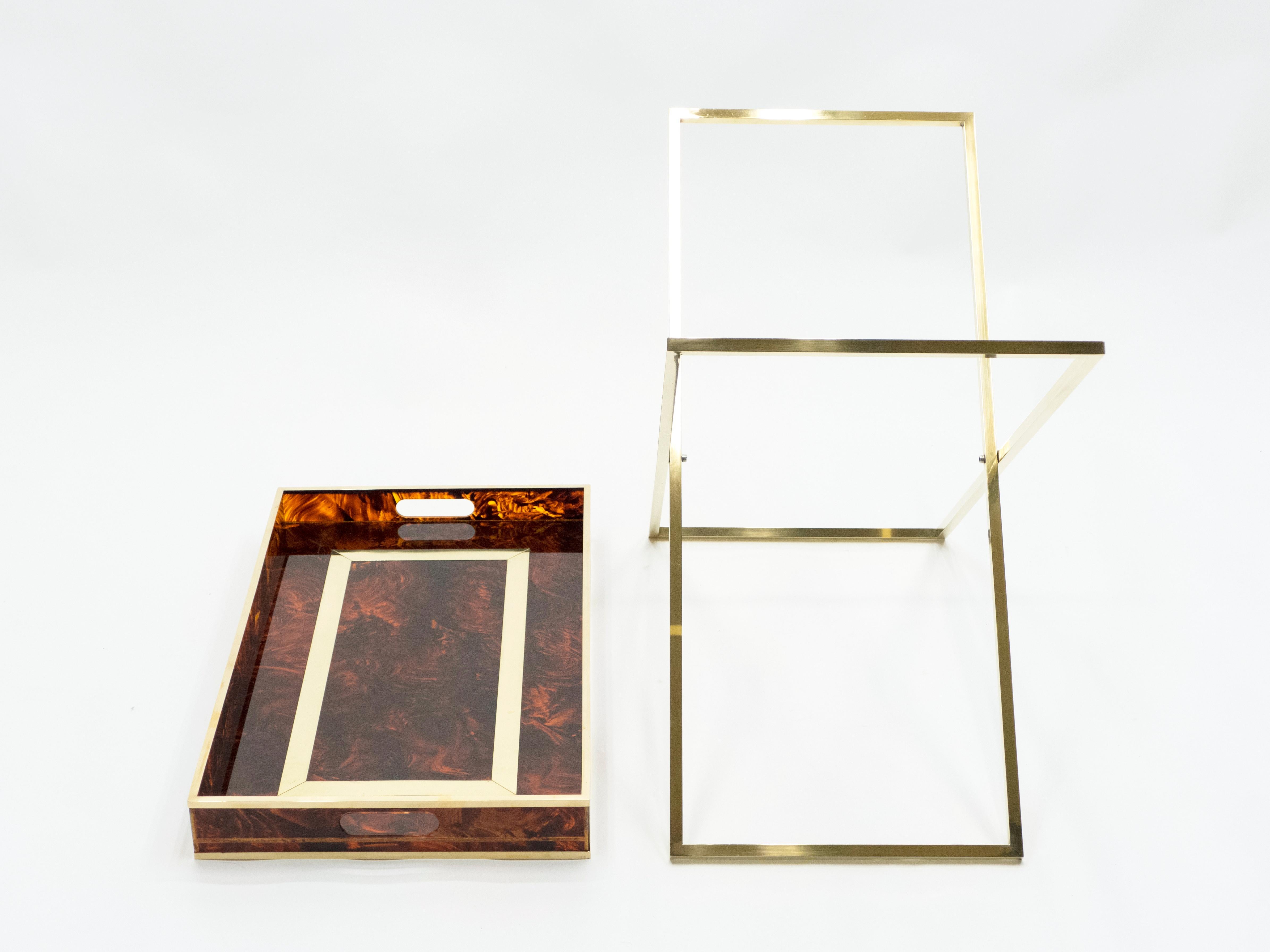 Rare French Side Tray Table Faux Tortoise Brass Maison Mercier, 1970s 2