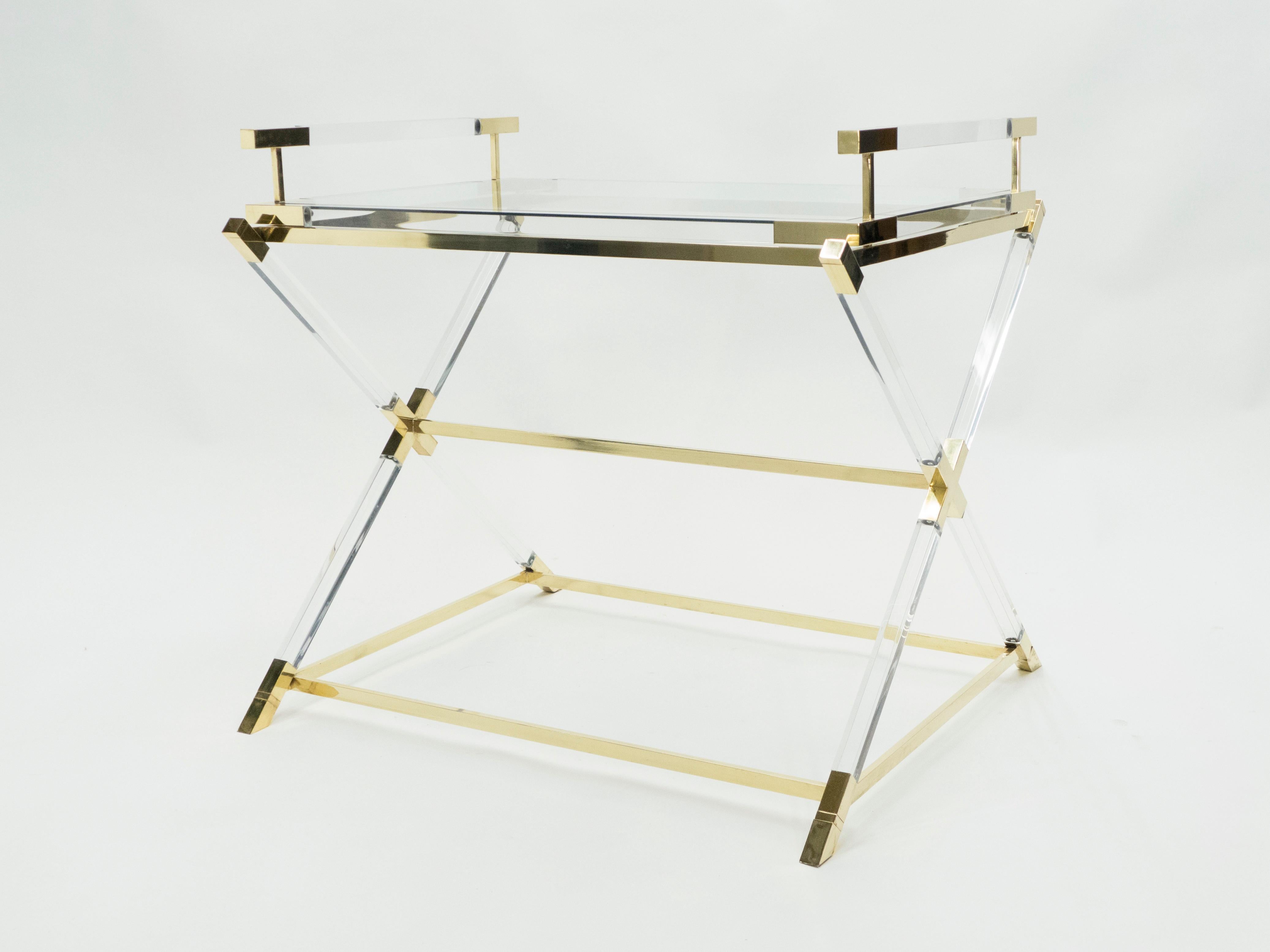 Mid-Century Modern Rare French Side Tray Table Lucite and Brass Maison Jansen, 1970s For Sale