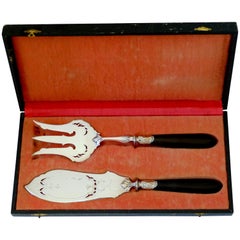 Rare French Silver Ebony Fish Server 2-Piece, Cherubs, Original Box