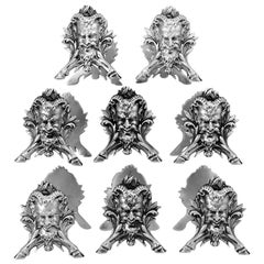 Antique Rare French Silver Knife Rests Set Eight Pieces, Sathyr's Head