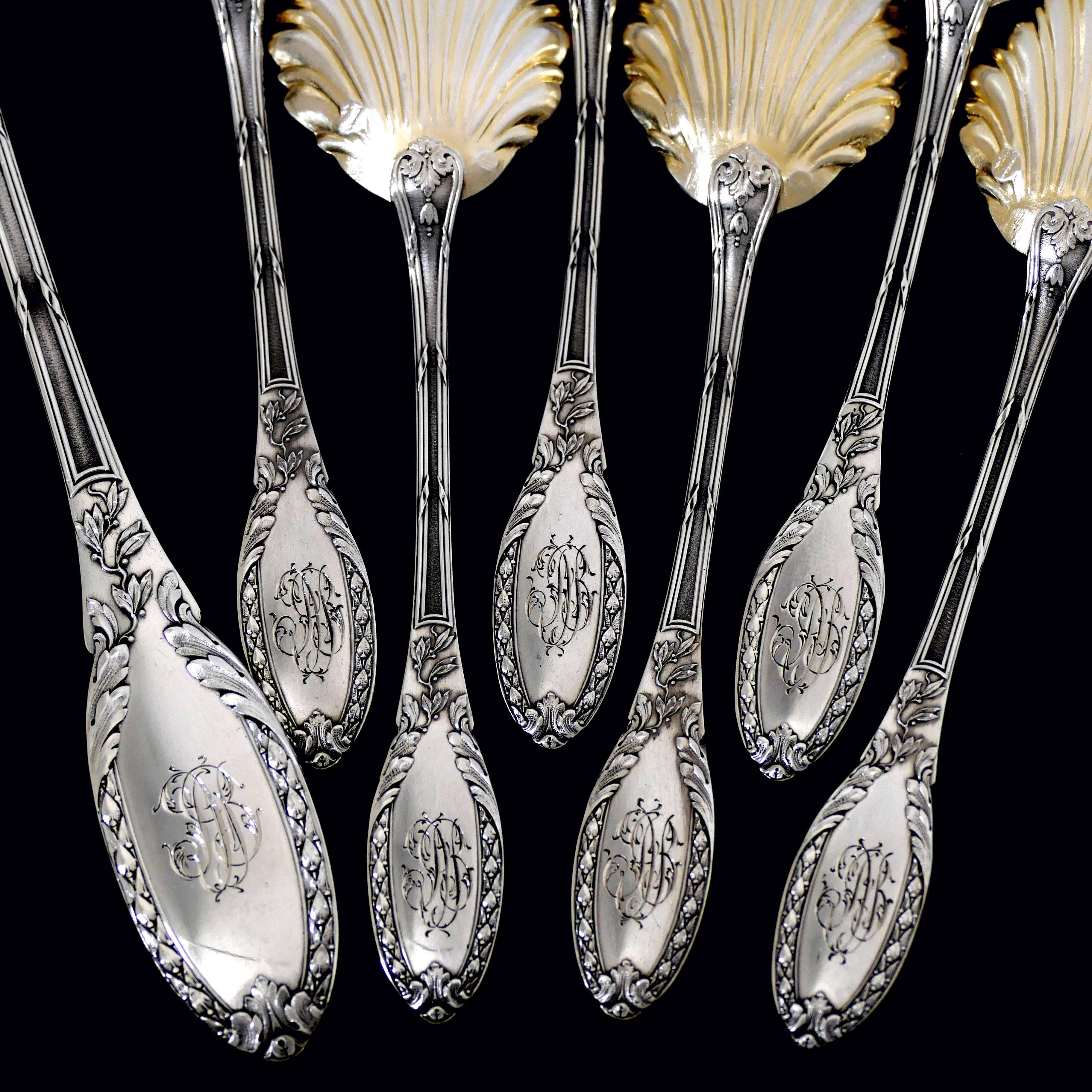 Neoclassical Rare French Sterling Silver 18-Karat Gold Strawberry Service Seven-Piece For Sale