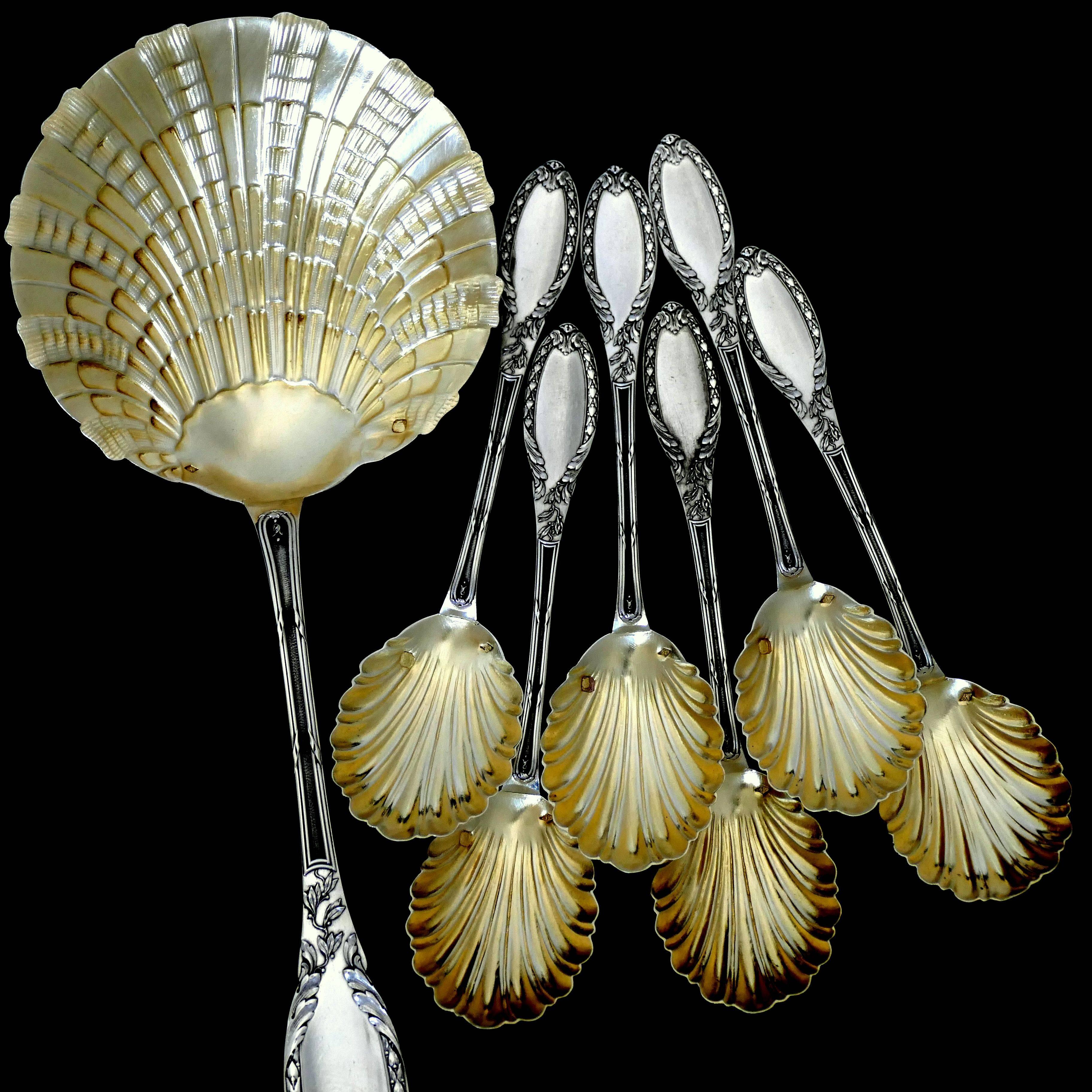 Late 19th Century Rare French Sterling Silver 18-Karat Gold Strawberry Service Seven-Piece For Sale