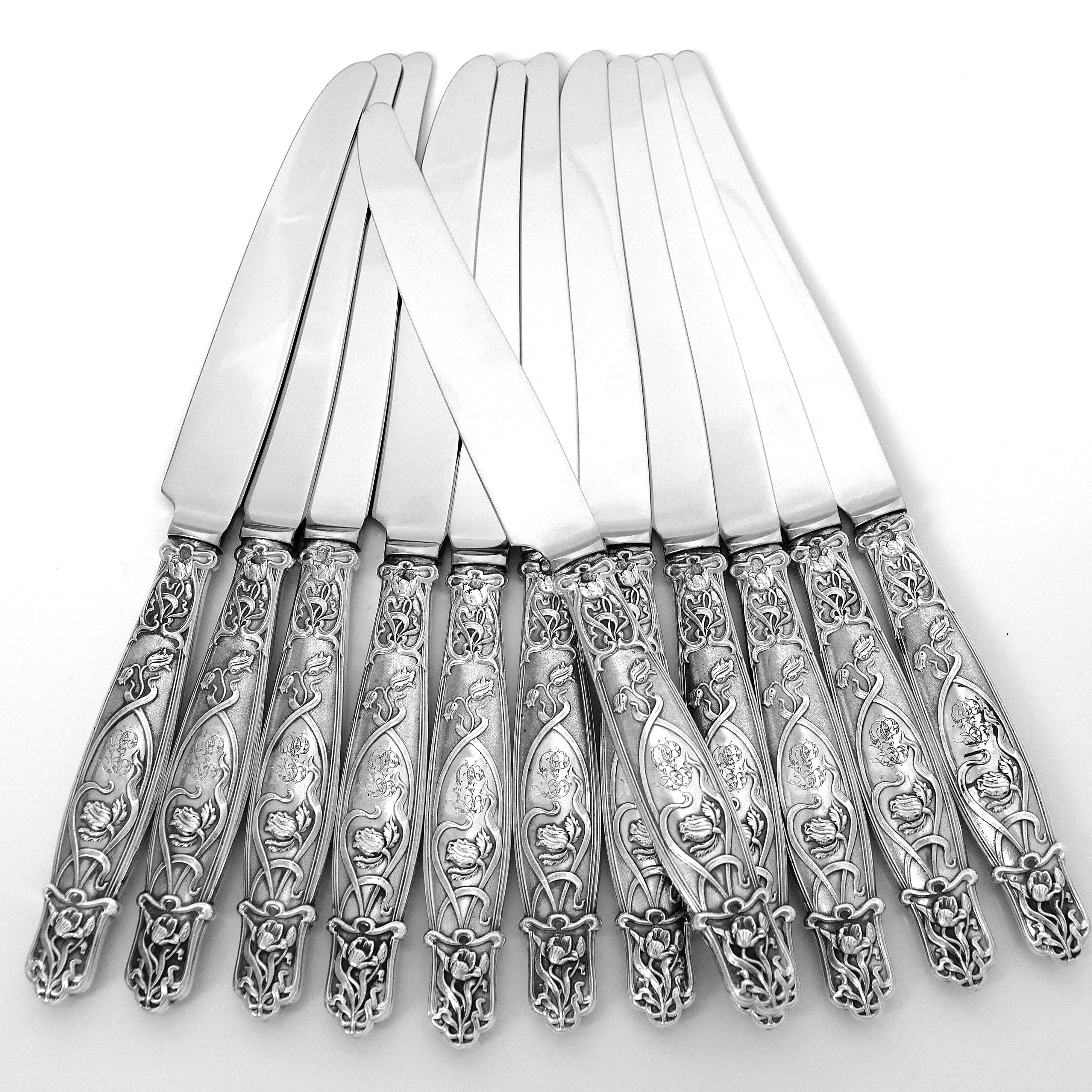Rare French Sterling Silver Dinner Knife Set 12 Pc, Poppie, New Stainless Blades 5