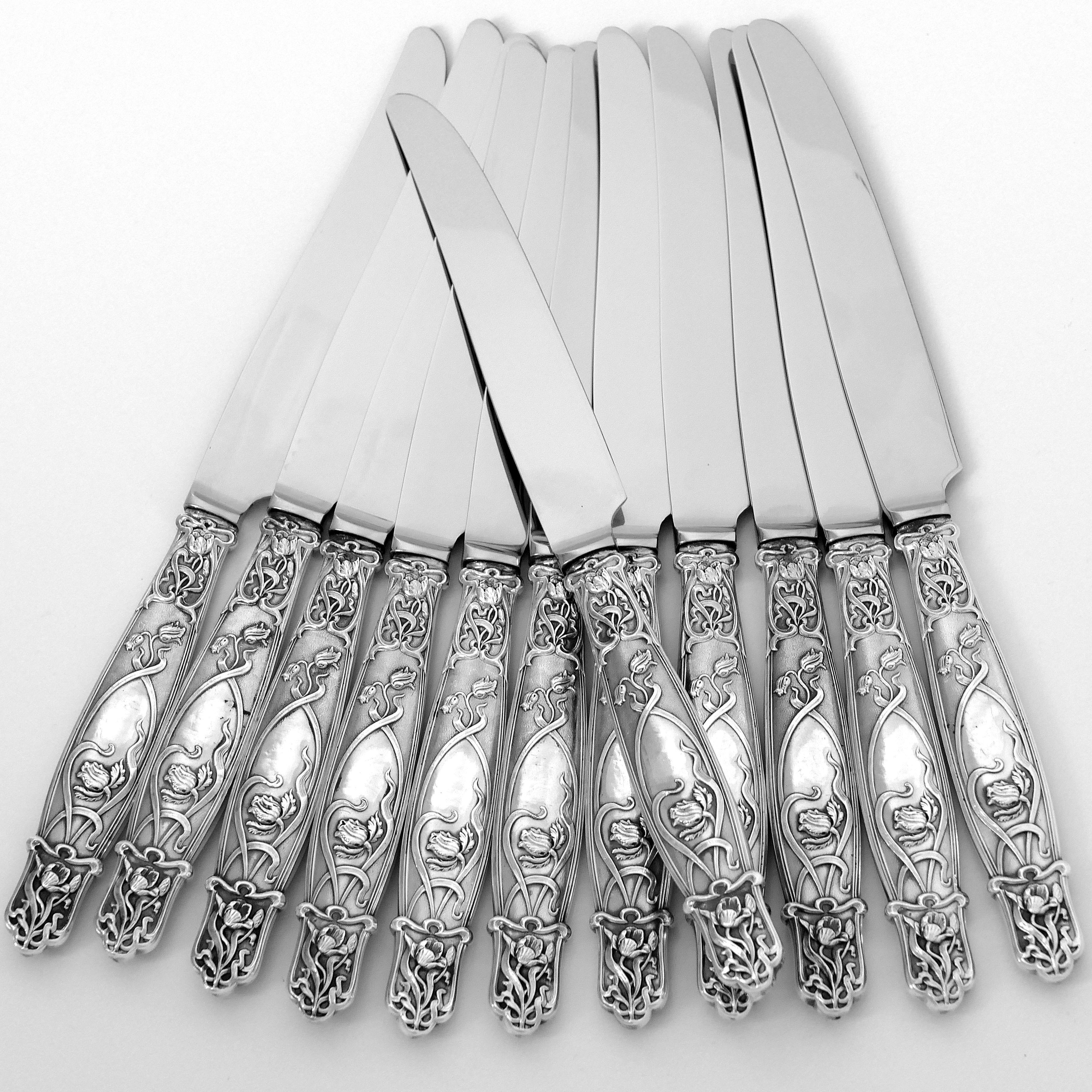 Rare French Sterling Silver Dinner Knife Set 12 Pc, Poppie, New Stainless Blades 6