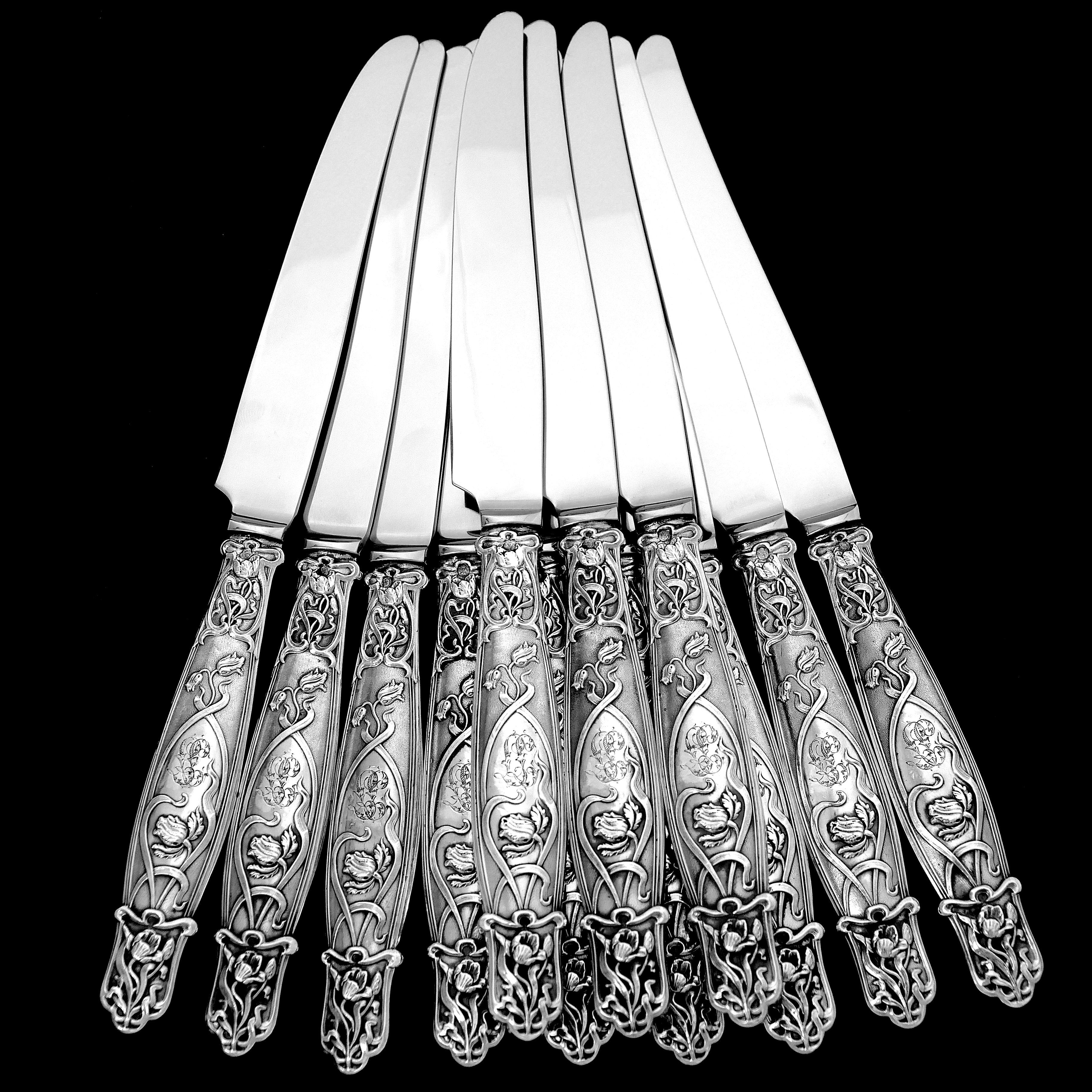 Rare French Sterling Silver Dinner Knife Set 12 Pc, Poppie, New Stainless Blades 7