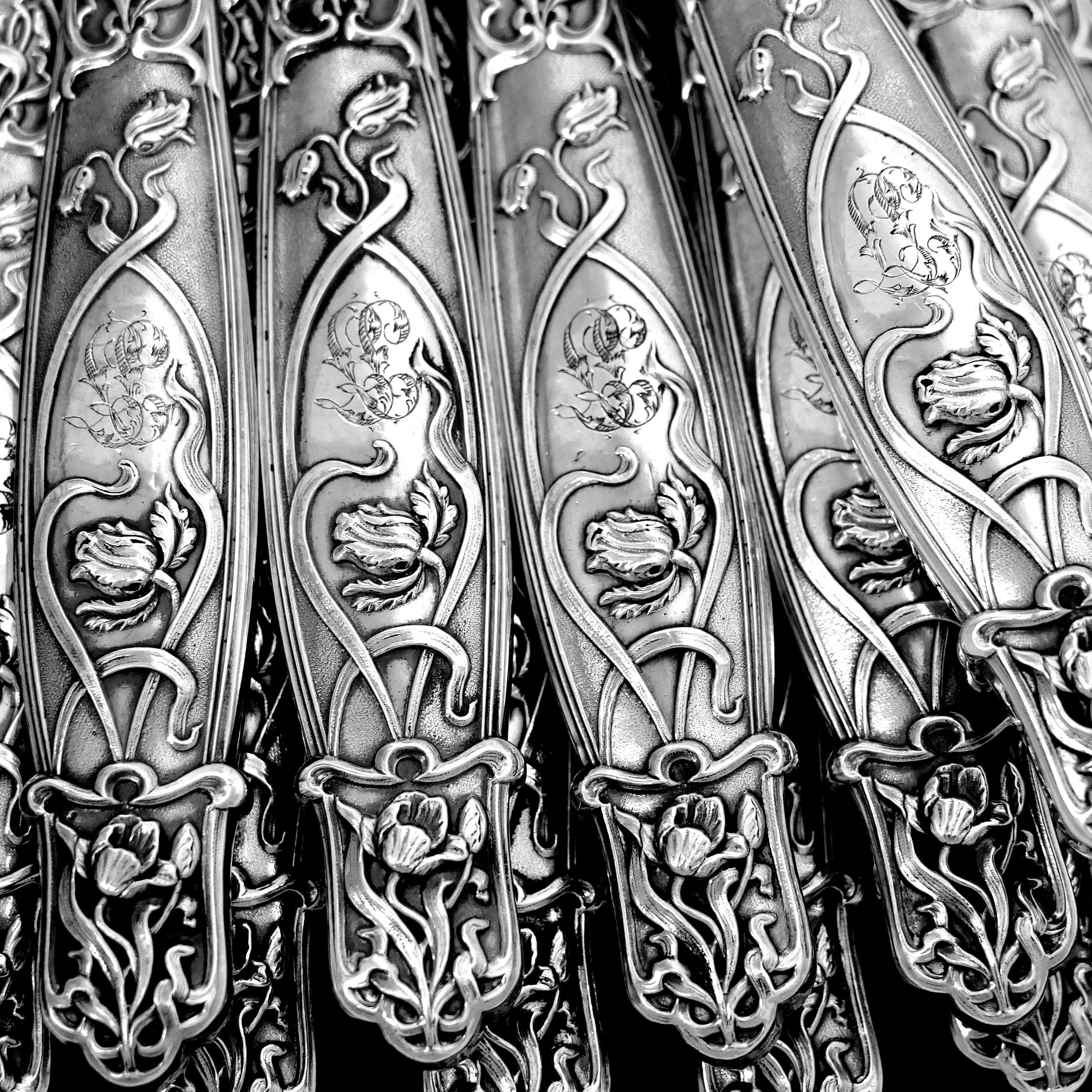 Art Nouveau Rare French Sterling Silver Dinner Knife Set 12 Pc, Poppie, New Stainless Blades