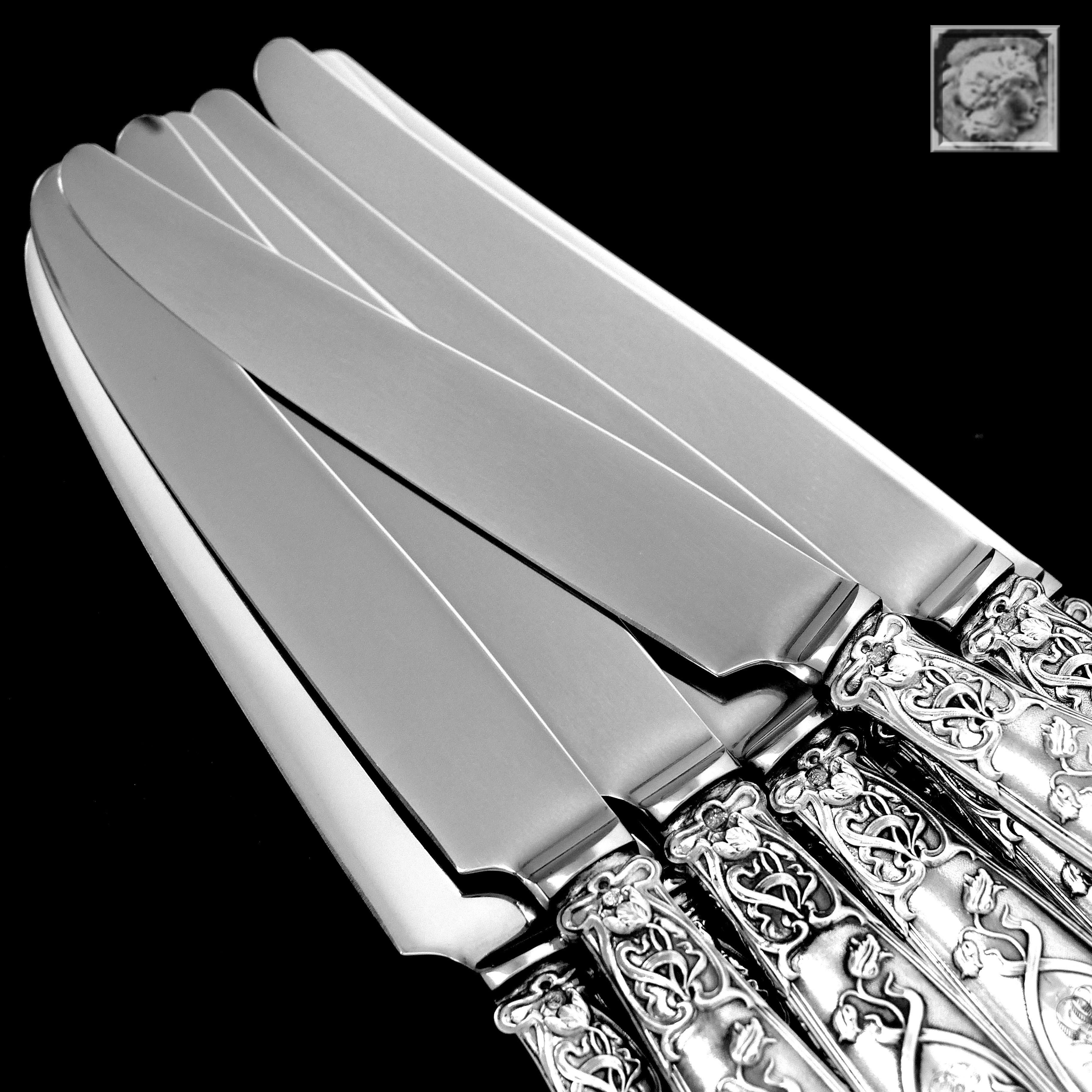 Rare French Sterling Silver Dinner Knife Set 12 Pc, Poppie, New Stainless Blades In Good Condition In TRIAIZE, PAYS DE LOIRE
