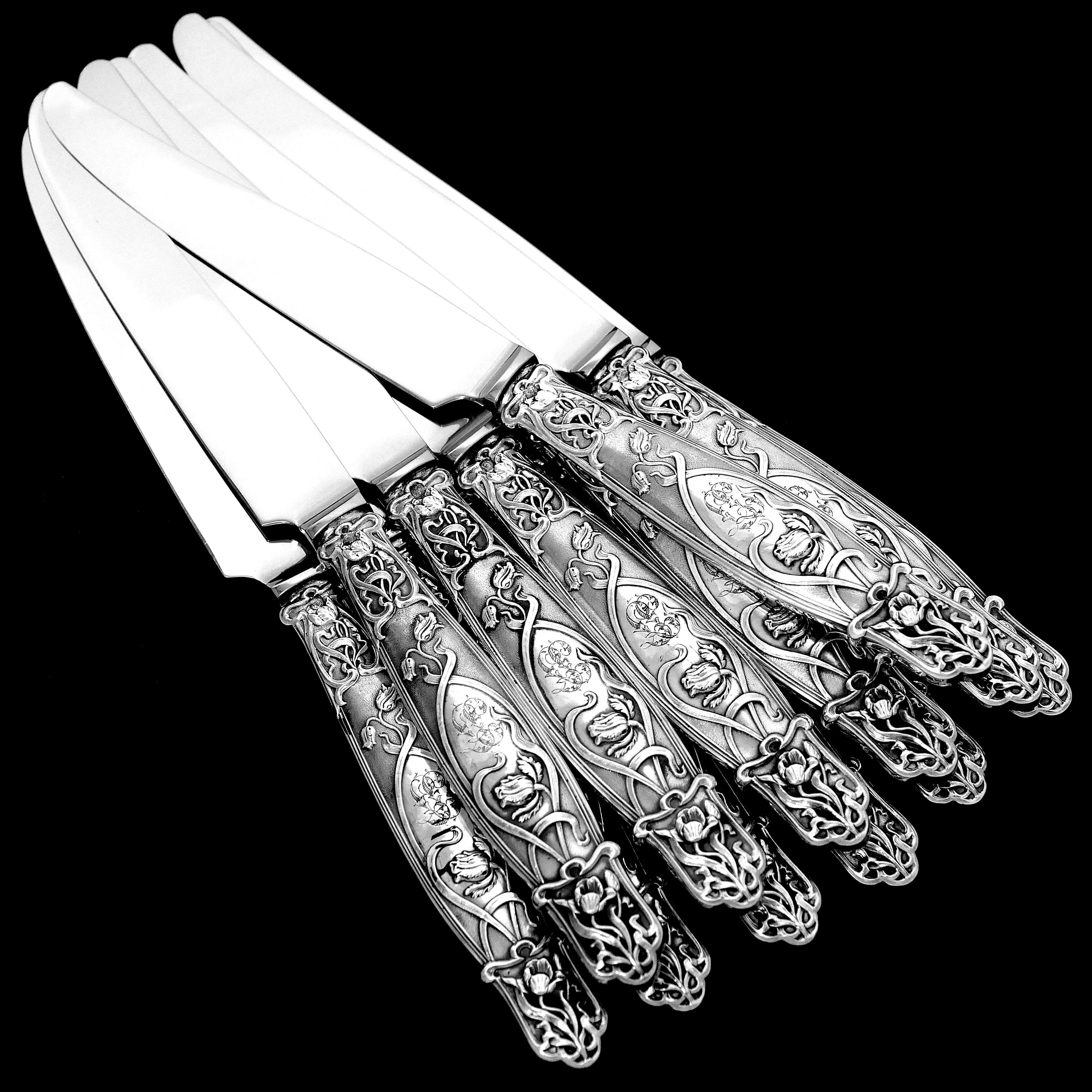 Late 19th Century Rare French Sterling Silver Dinner Knife Set 12 Pc, Poppie, New Stainless Blades