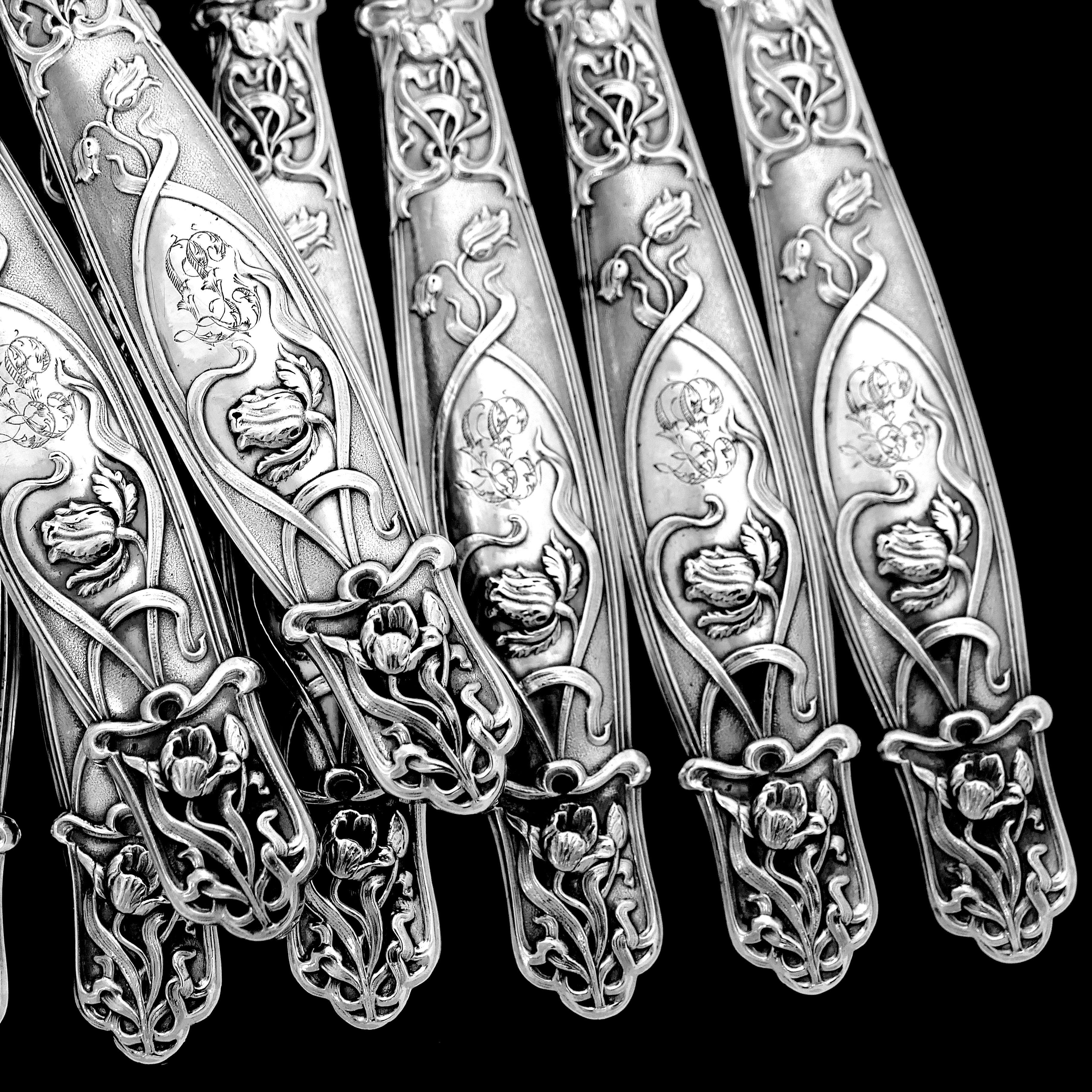 Rare French Sterling Silver Dinner Knife Set 12 Pc, Poppie, New Stainless Blades 4