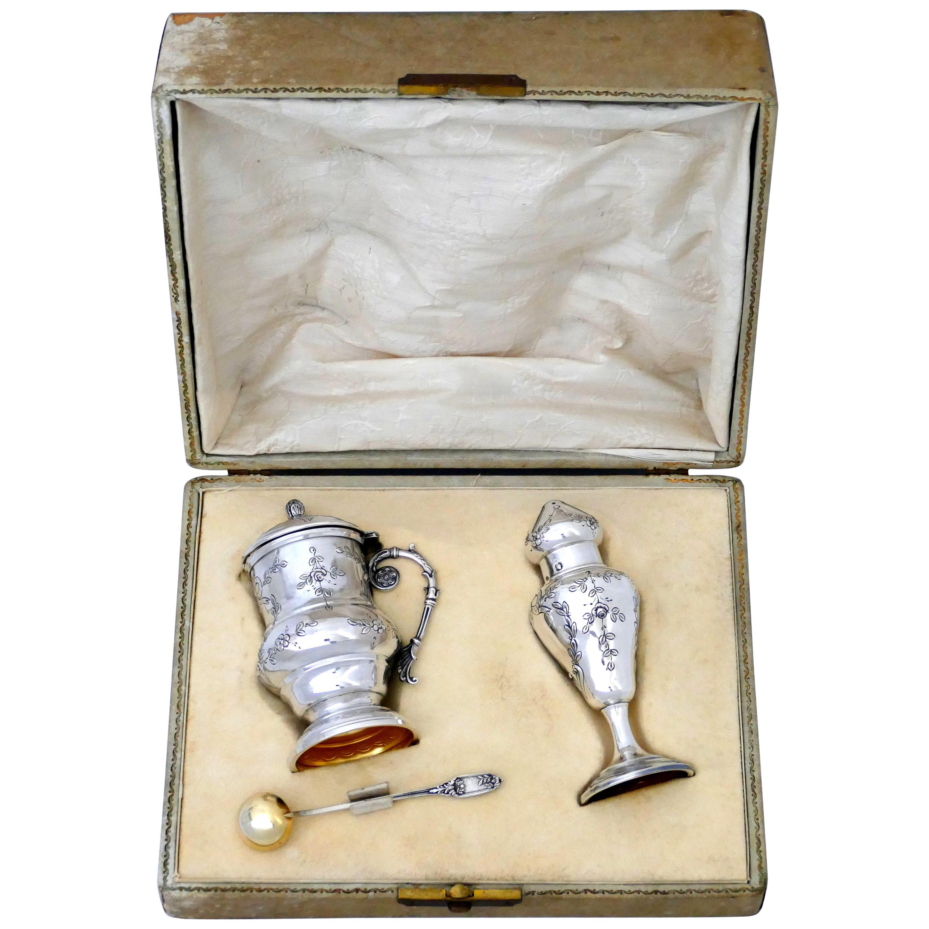 Rare French Sterling Silver Mustard Pot, Spoon and Sugar Caster, Original Box For Sale