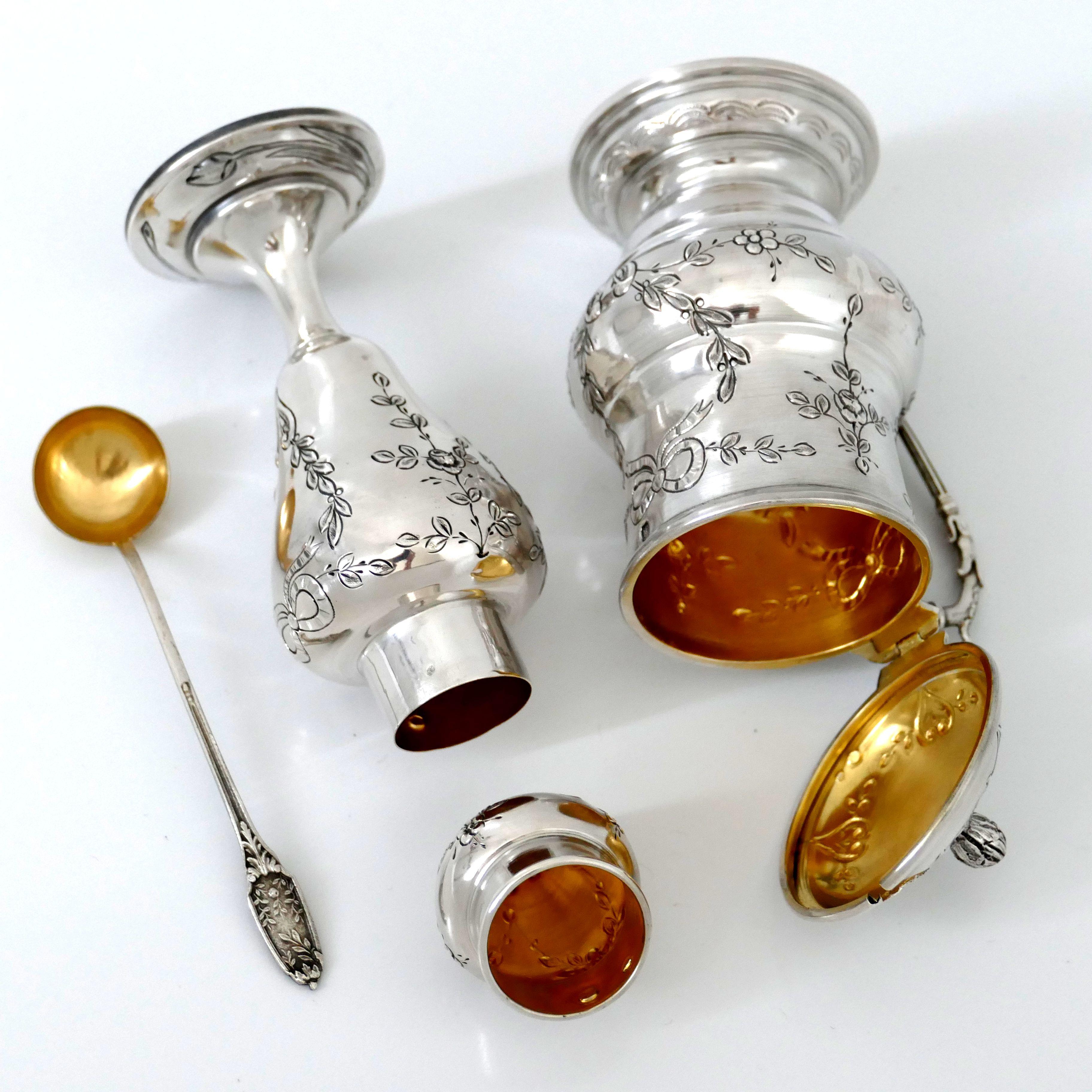 Rare French Sterling Silver Mustard Pot, Spoon and Sugar Caster, Original Box For Sale 4