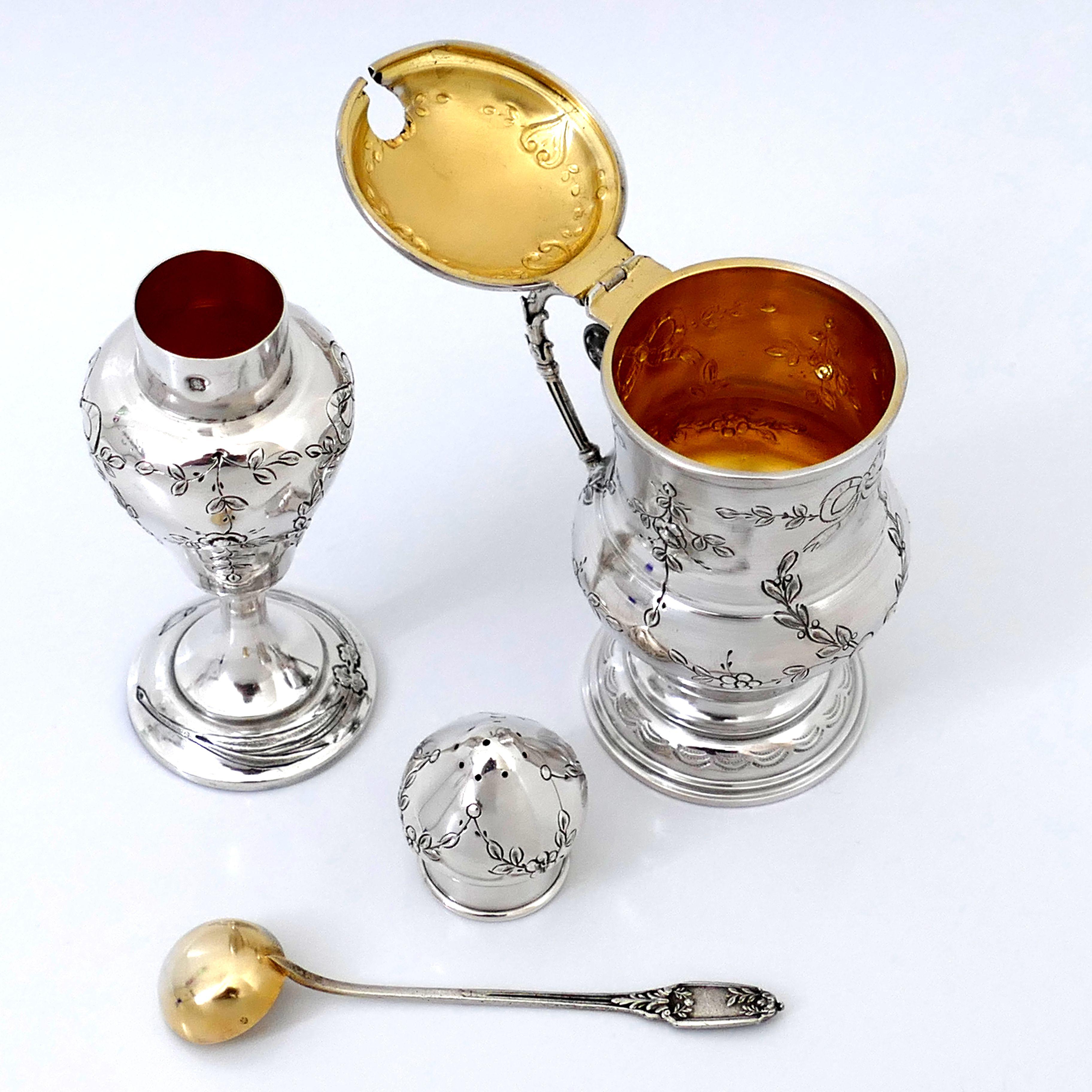 Art Nouveau Rare French Sterling Silver Mustard Pot, Spoon and Sugar Caster, Original Box For Sale