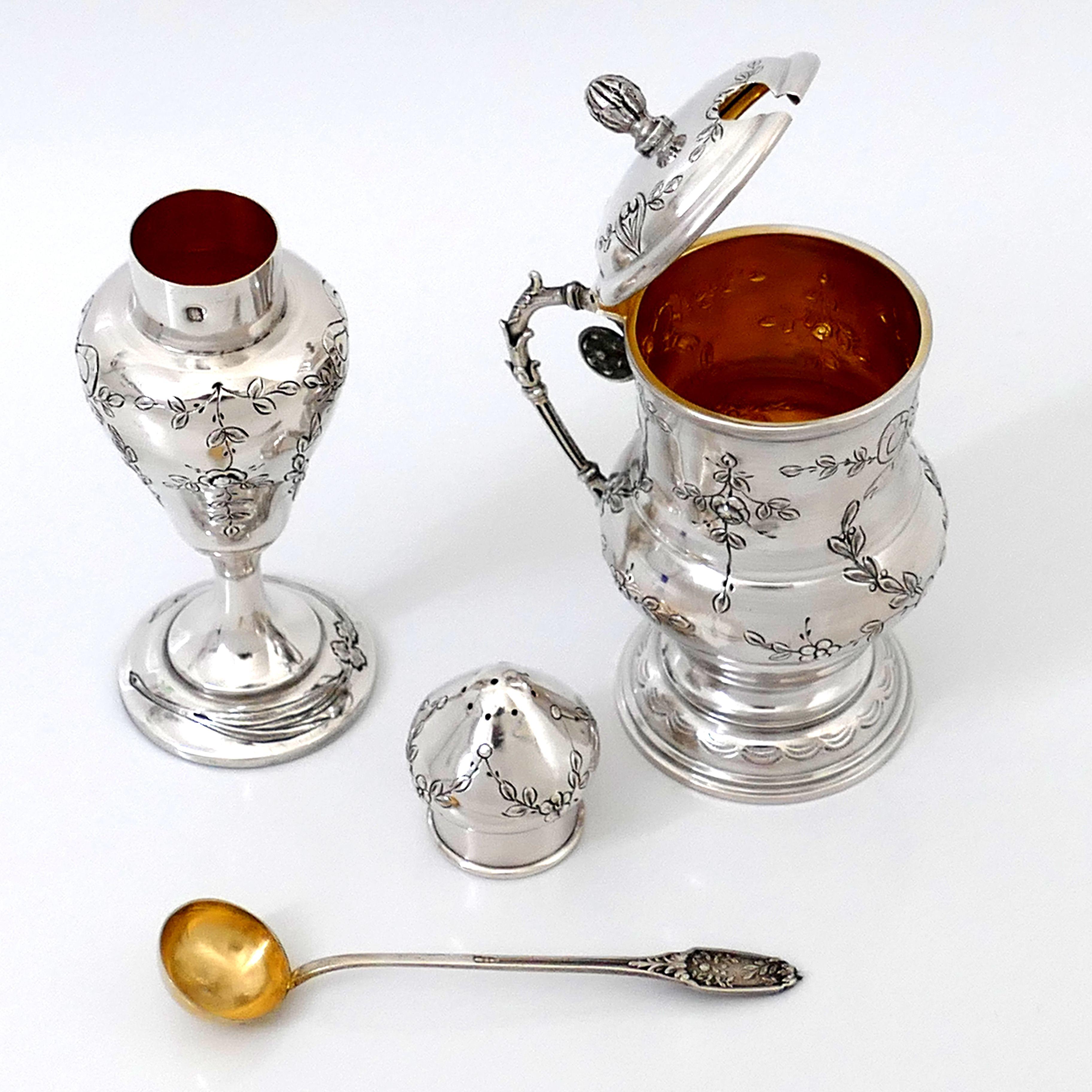 Early 20th Century Rare French Sterling Silver Mustard Pot, Spoon and Sugar Caster, Original Box For Sale