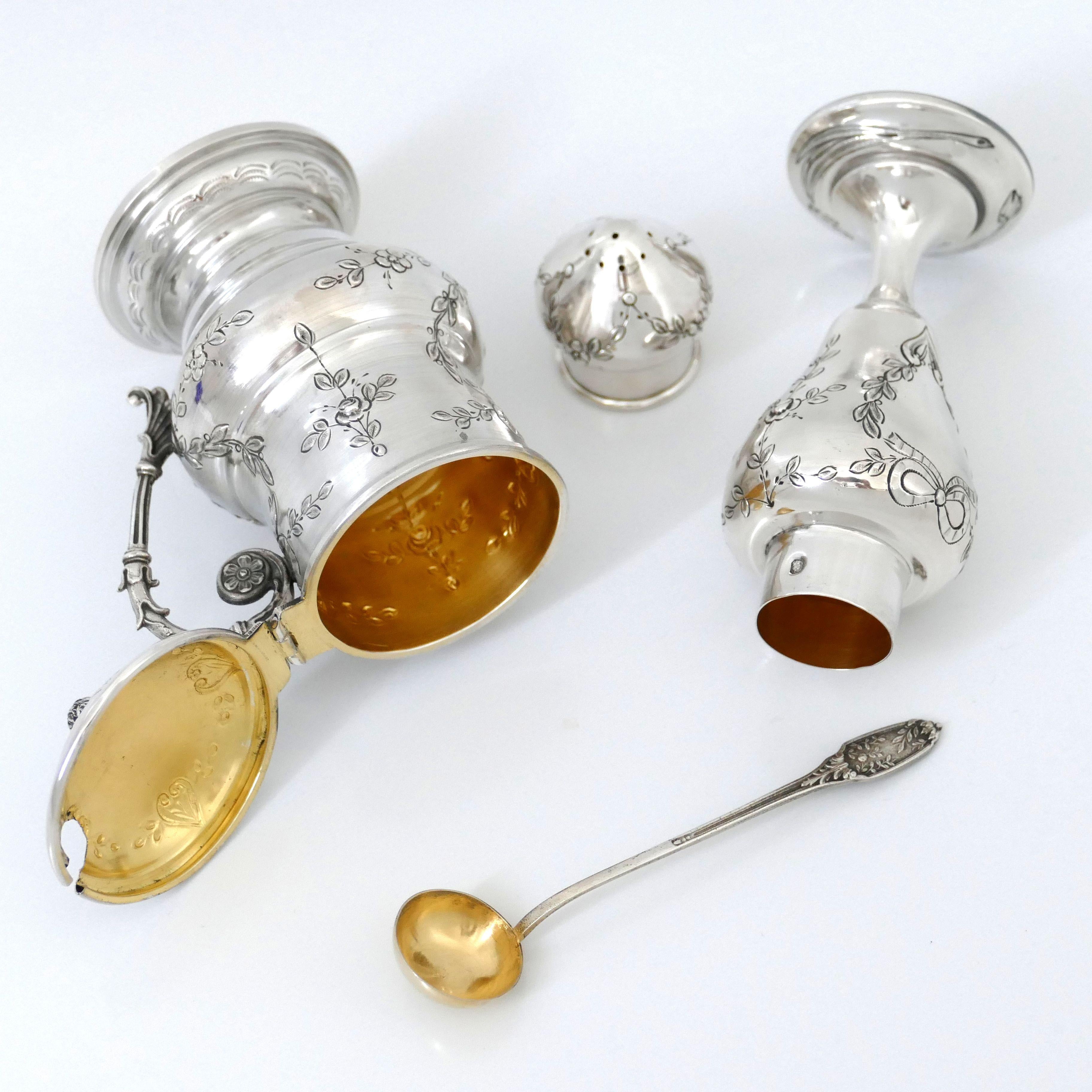 Rare French Sterling Silver Mustard Pot, Spoon and Sugar Caster, Original Box For Sale 2