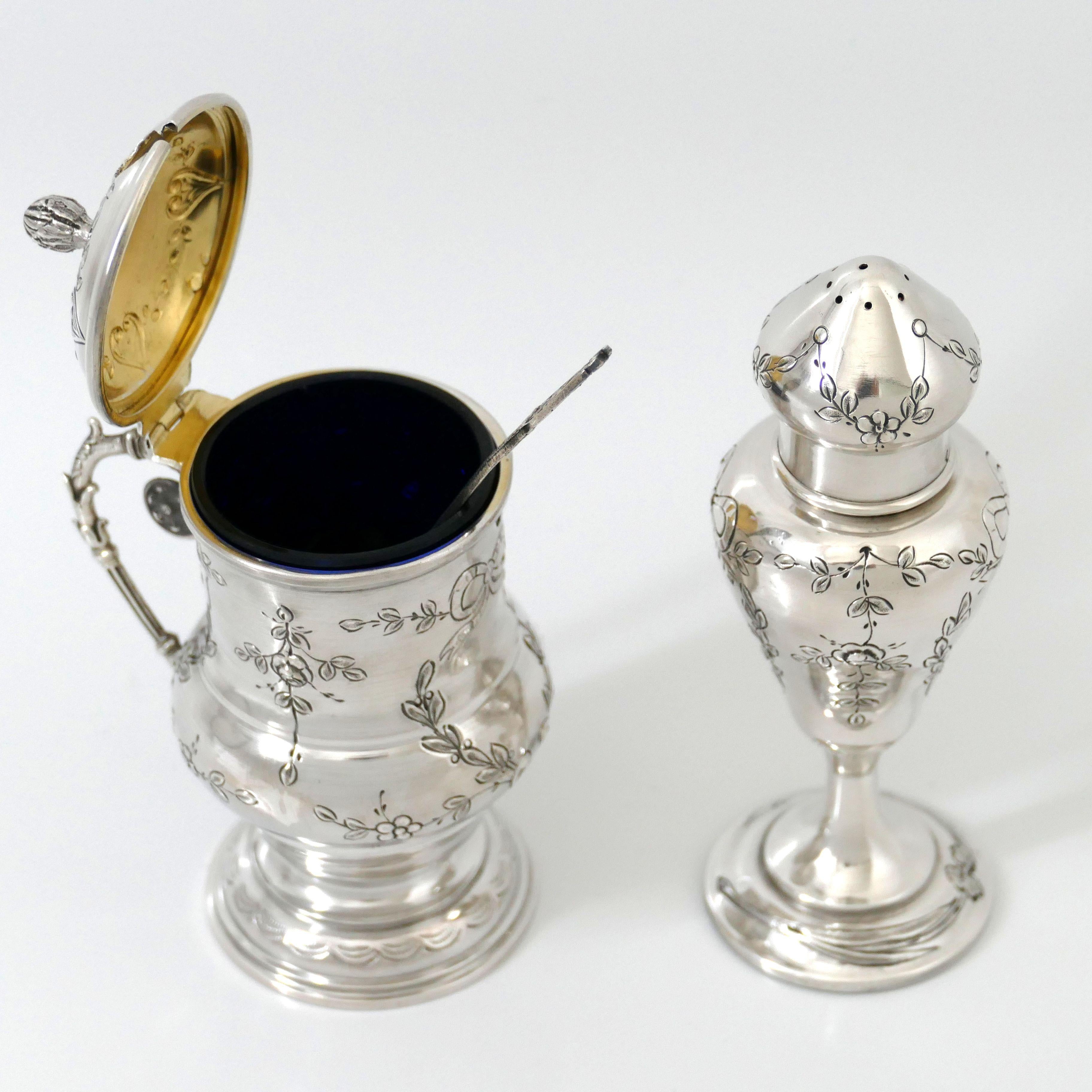 Rare French Sterling Silver Mustard Pot, Spoon and Sugar Caster, Original Box For Sale 3