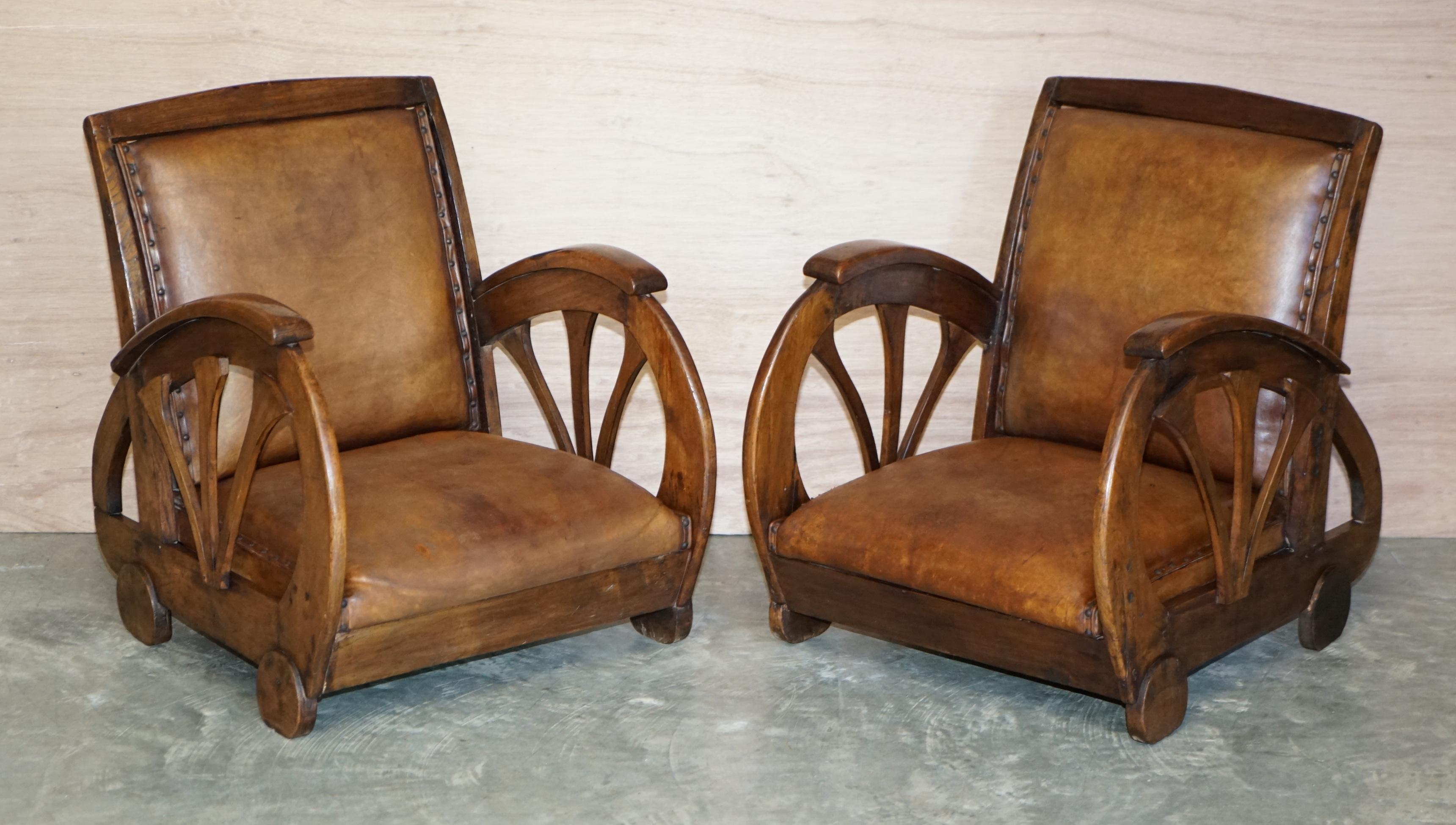 Rare French Suite of Oak Art Deco Brown Saddle Leather Sofa & Pair of Armchairs 6