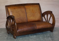 Rare French Suite of Oak Art Deco Brown Saddle Leather Sofa & Pair of Armchairs
