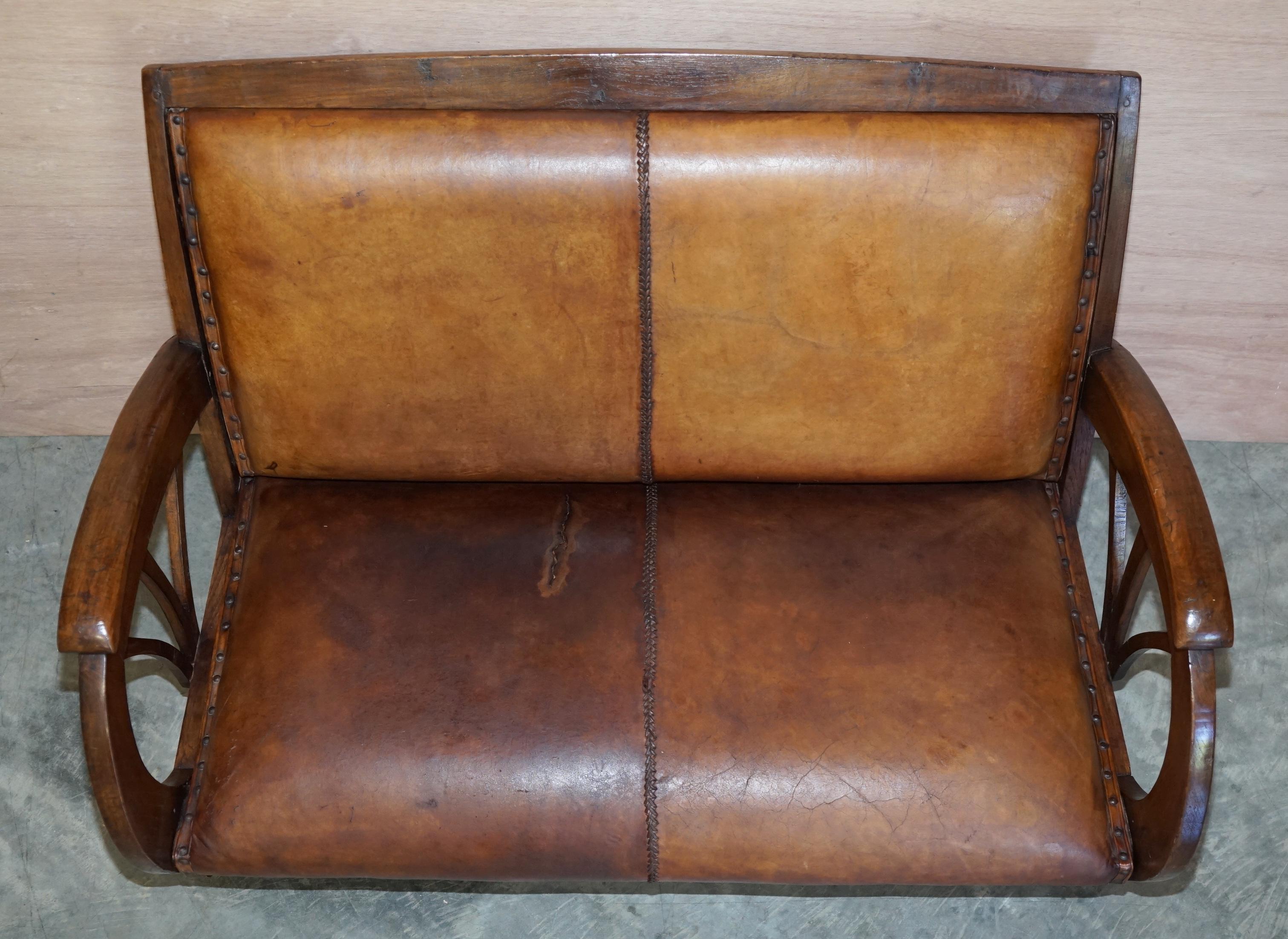 Hand-Crafted Rare French Suite of Oak Art Deco Brown Saddle Leather Sofa & Pair of Armchairs