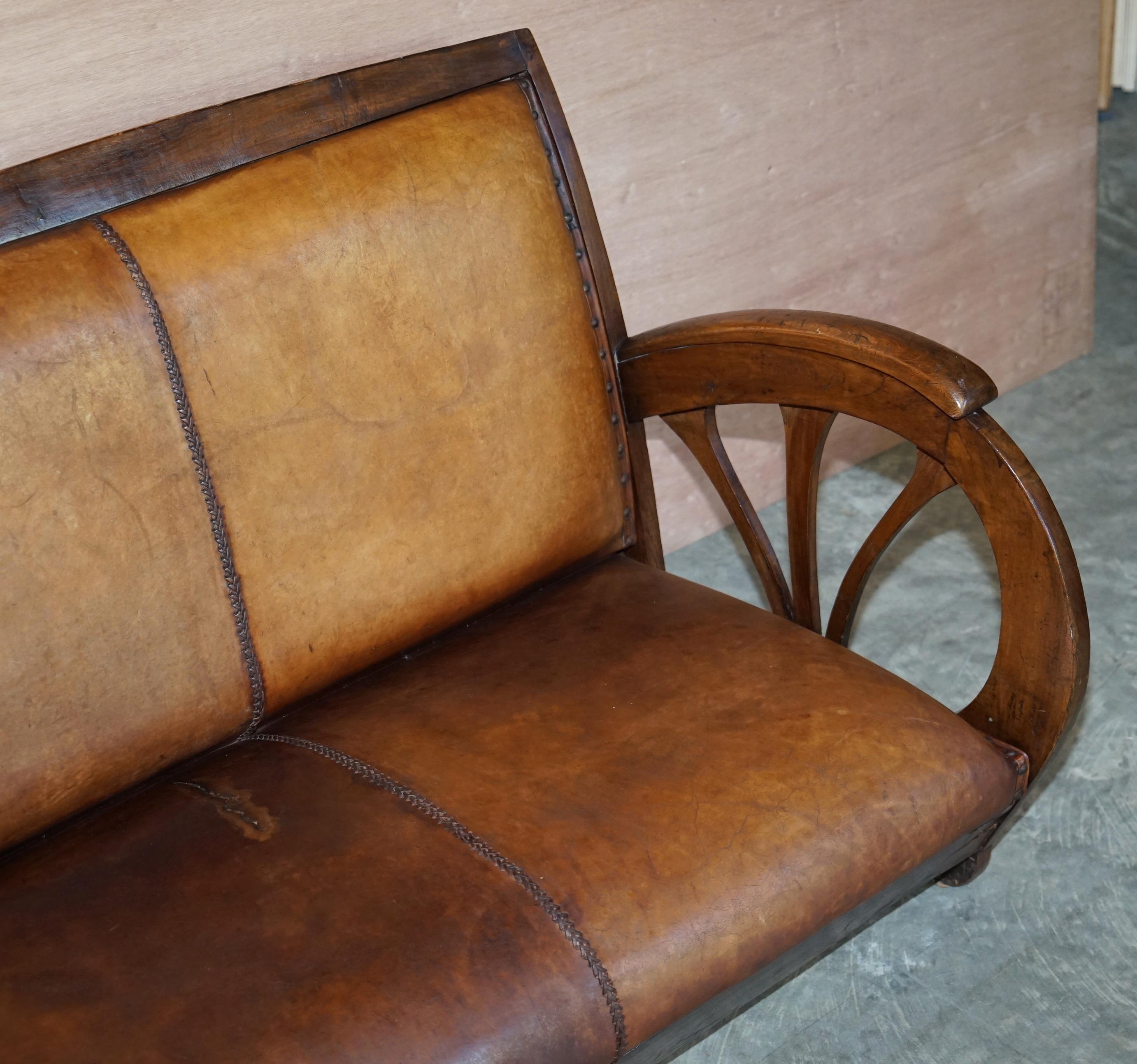 Early 20th Century Rare French Suite of Oak Art Deco Brown Saddle Leather Sofa & Pair of Armchairs