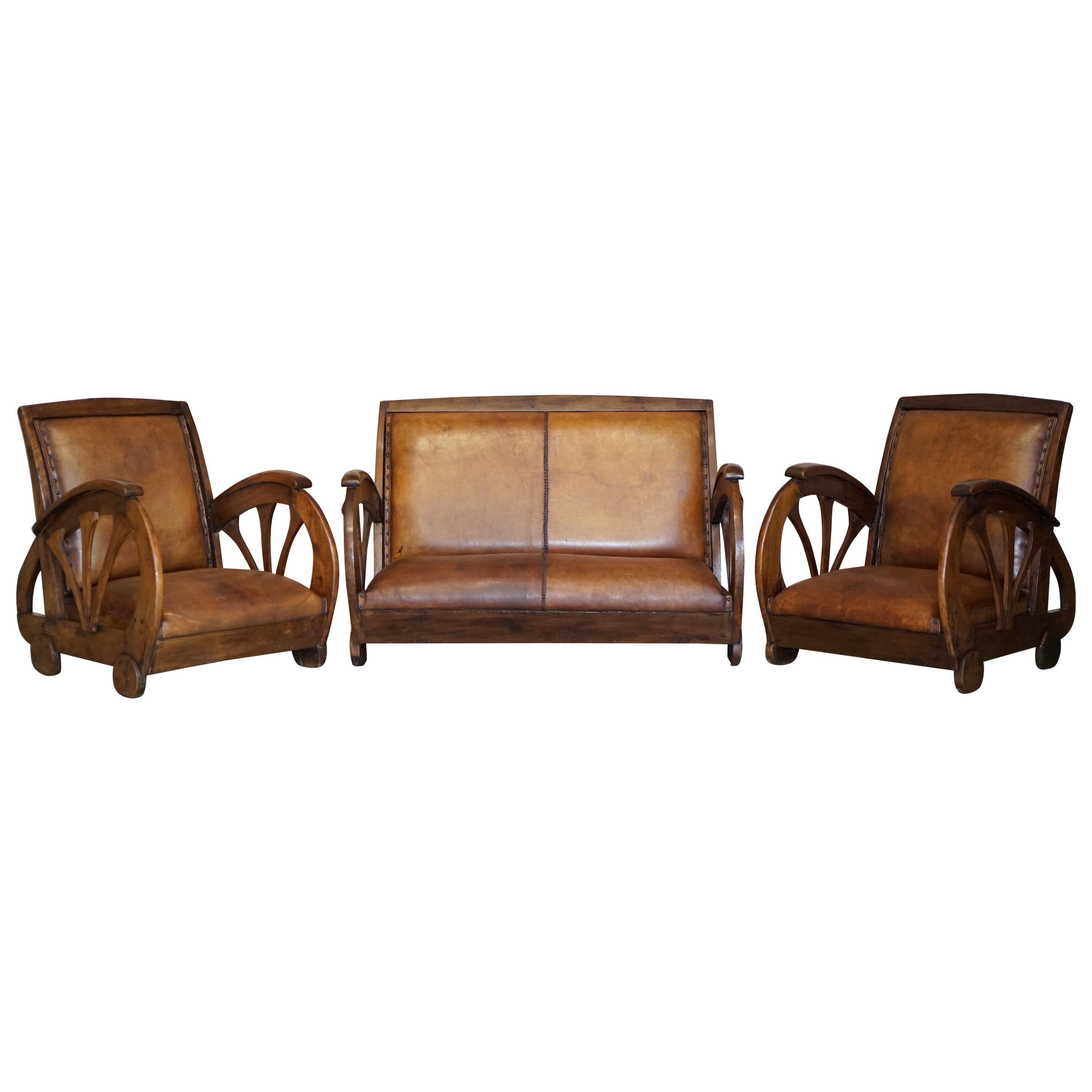 Rare French Suite of Oak Art Deco Brown Saddle Leather Sofa & Pair of Armchairs