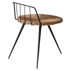 Rare French tripod stool in metal and rush, dating from the 1950s