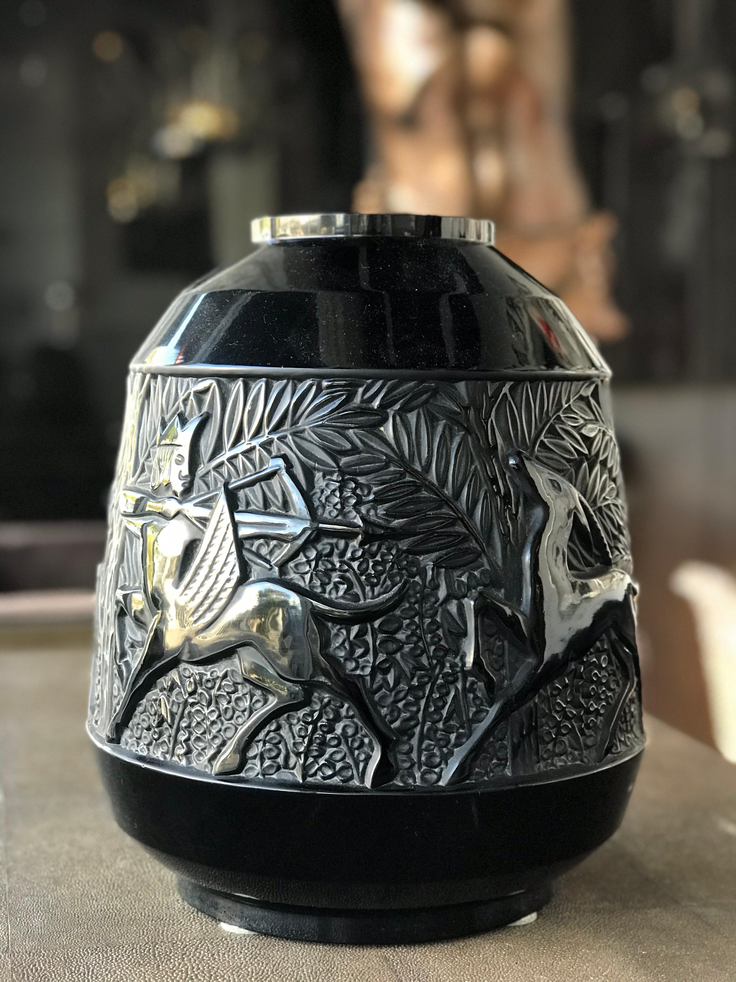 20th Century Rare French Verlys Black Glass Art Deco Vase