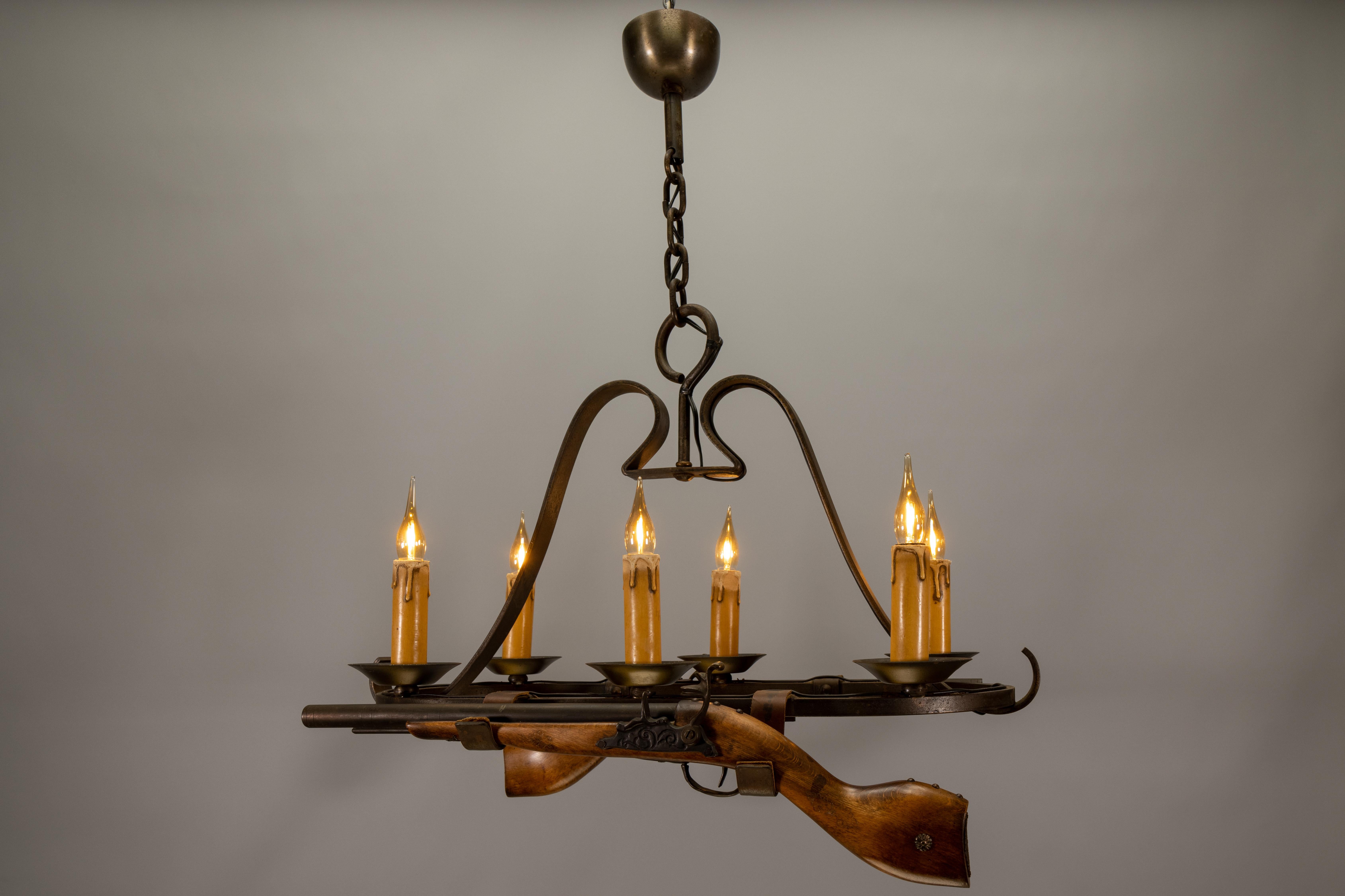 French Wrought Iron Six-Light Chandelier, Rustic Lodge Style, 1970s For Sale 5