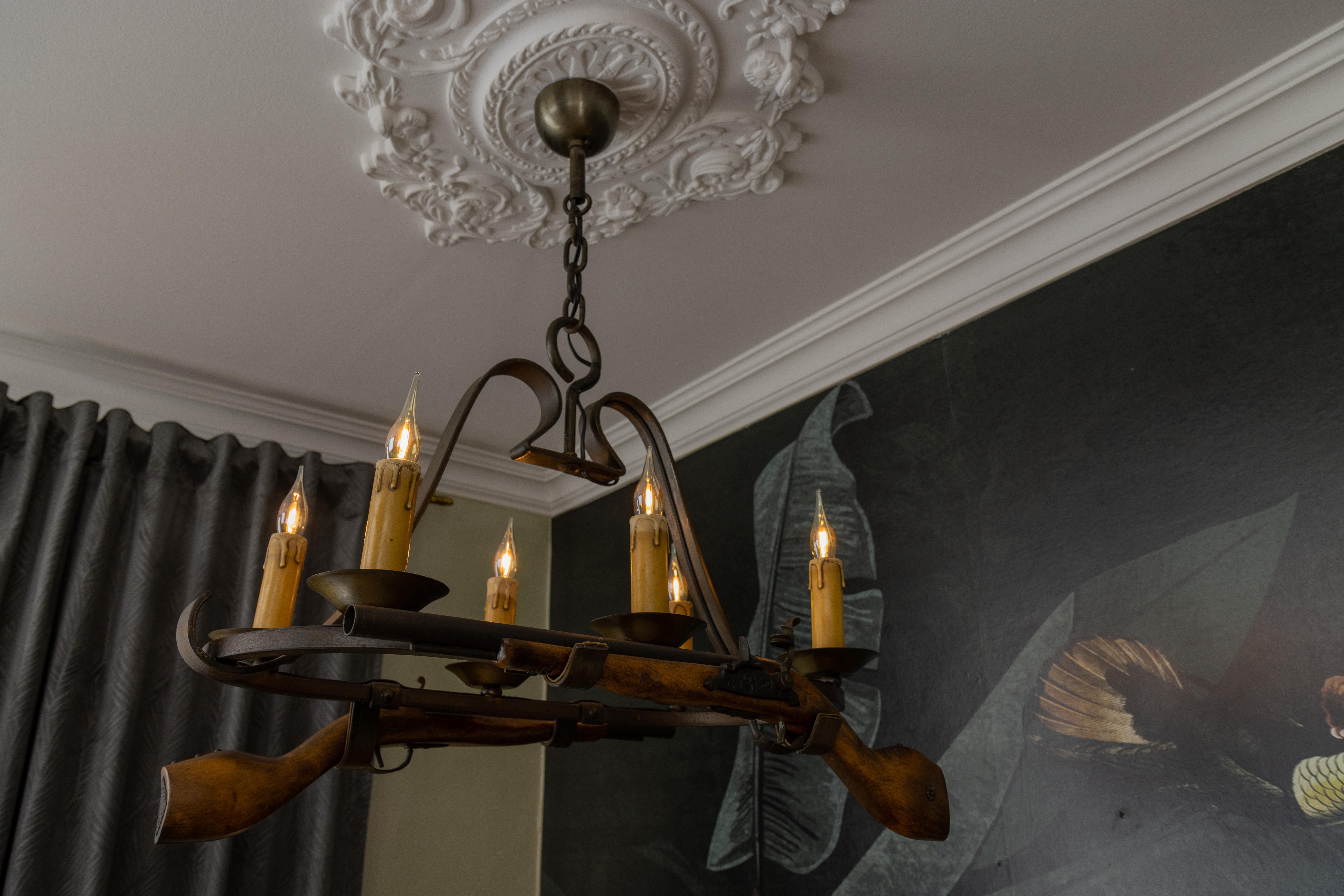 French Wrought Iron Six-Light Chandelier, Rustic Lodge Style, 1970s For Sale 6