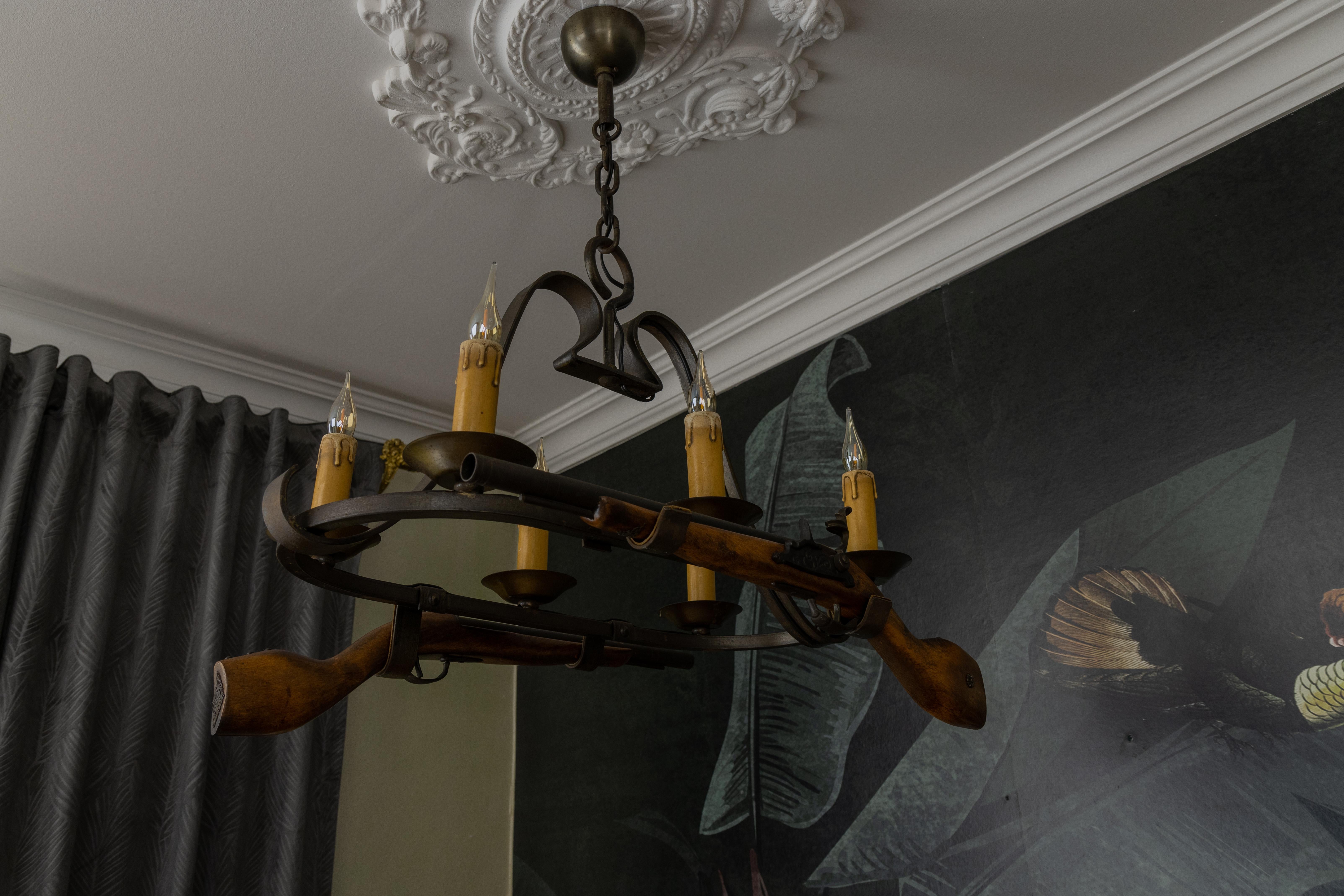 French Wrought Iron Six-Light Chandelier, Rustic Lodge Style, 1970s For Sale 7