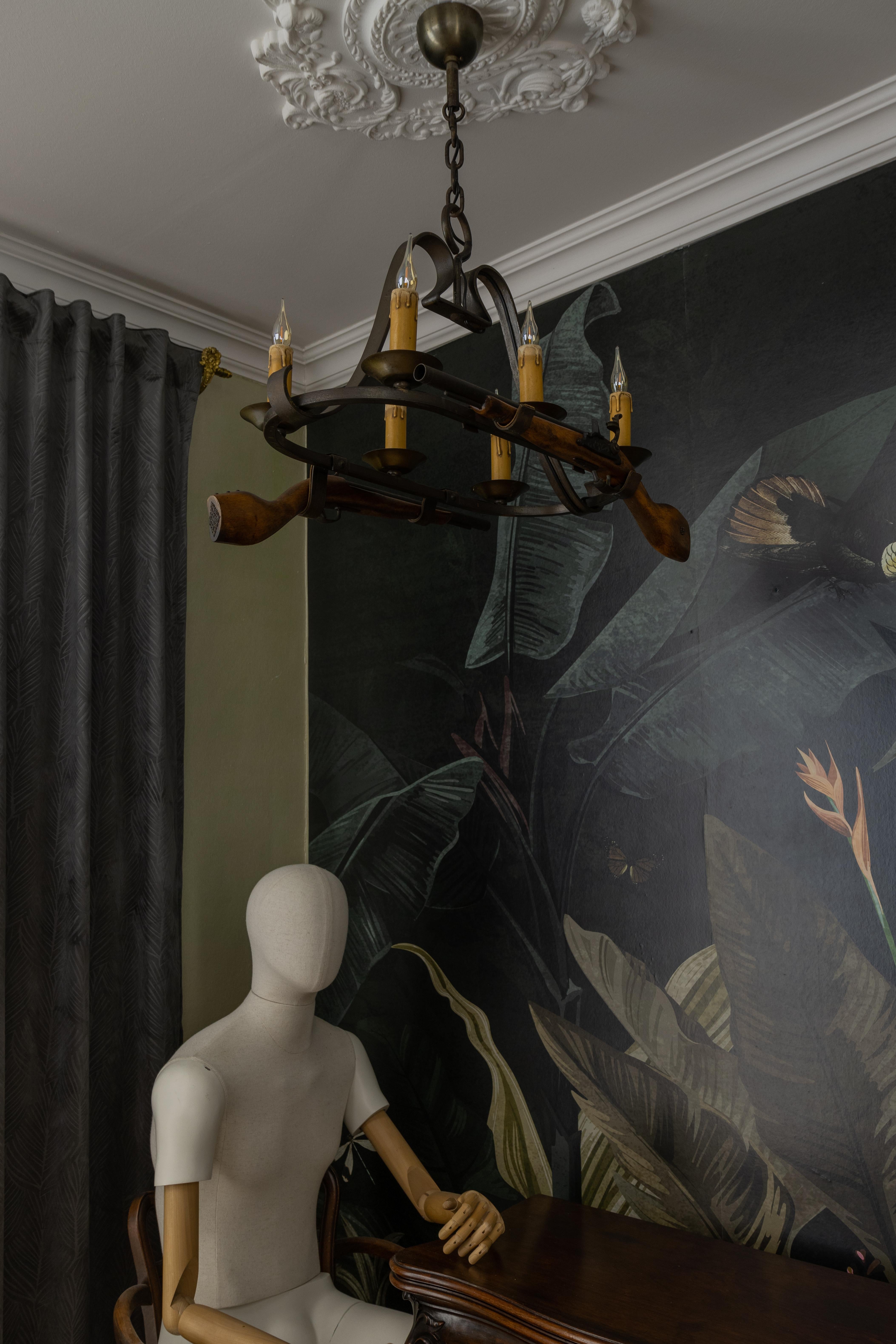 French Wrought Iron Six-Light Chandelier, Rustic Lodge Style, 1970s For Sale 9