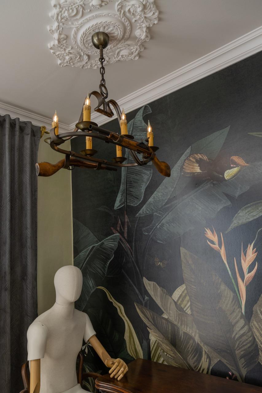 French Wrought Iron Six-Light Chandelier, Rustic Lodge Style, 1970s For Sale 10