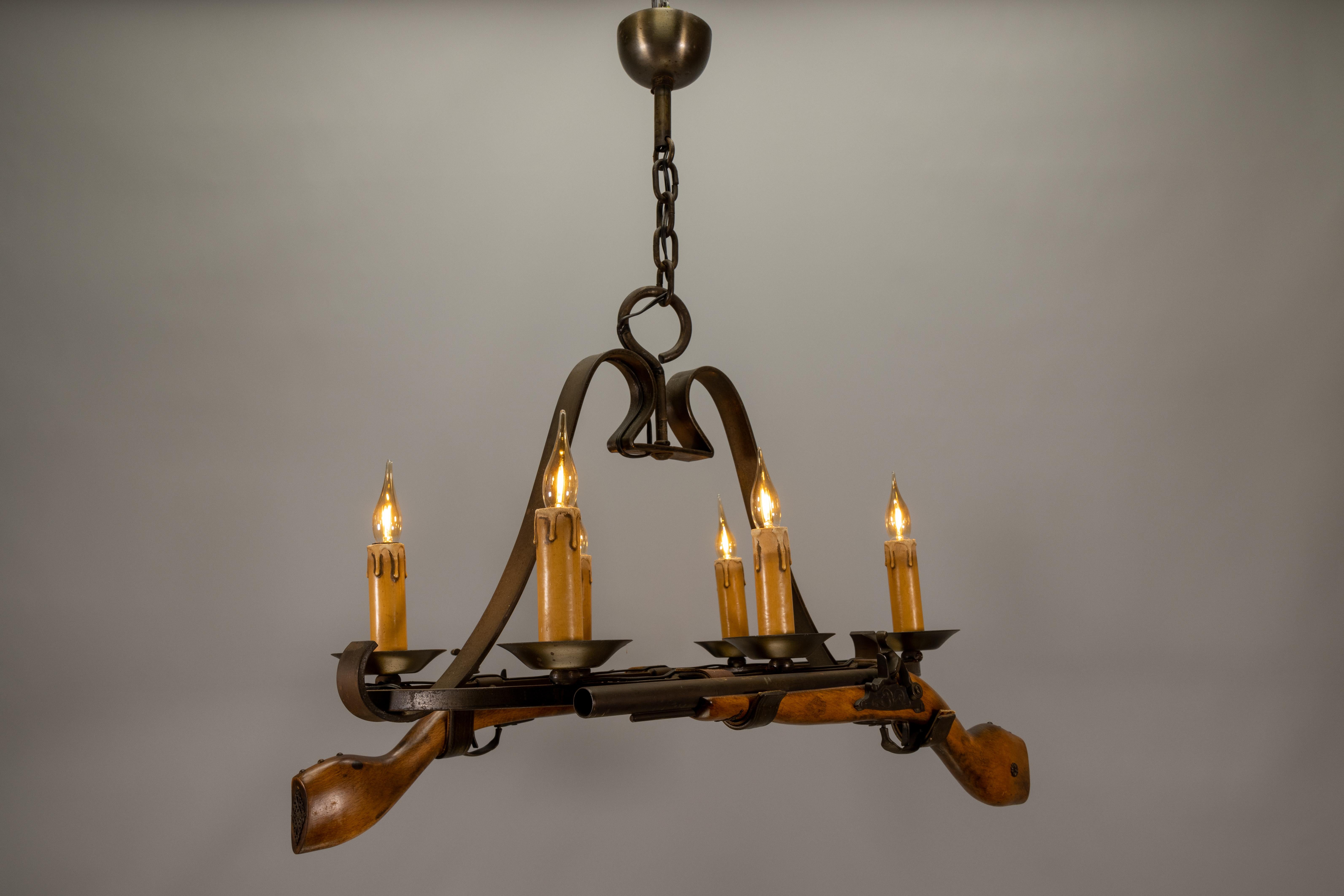 French Wrought Iron Six-Light Chandelier, Rustic Lodge Style, 1970s For Sale 11