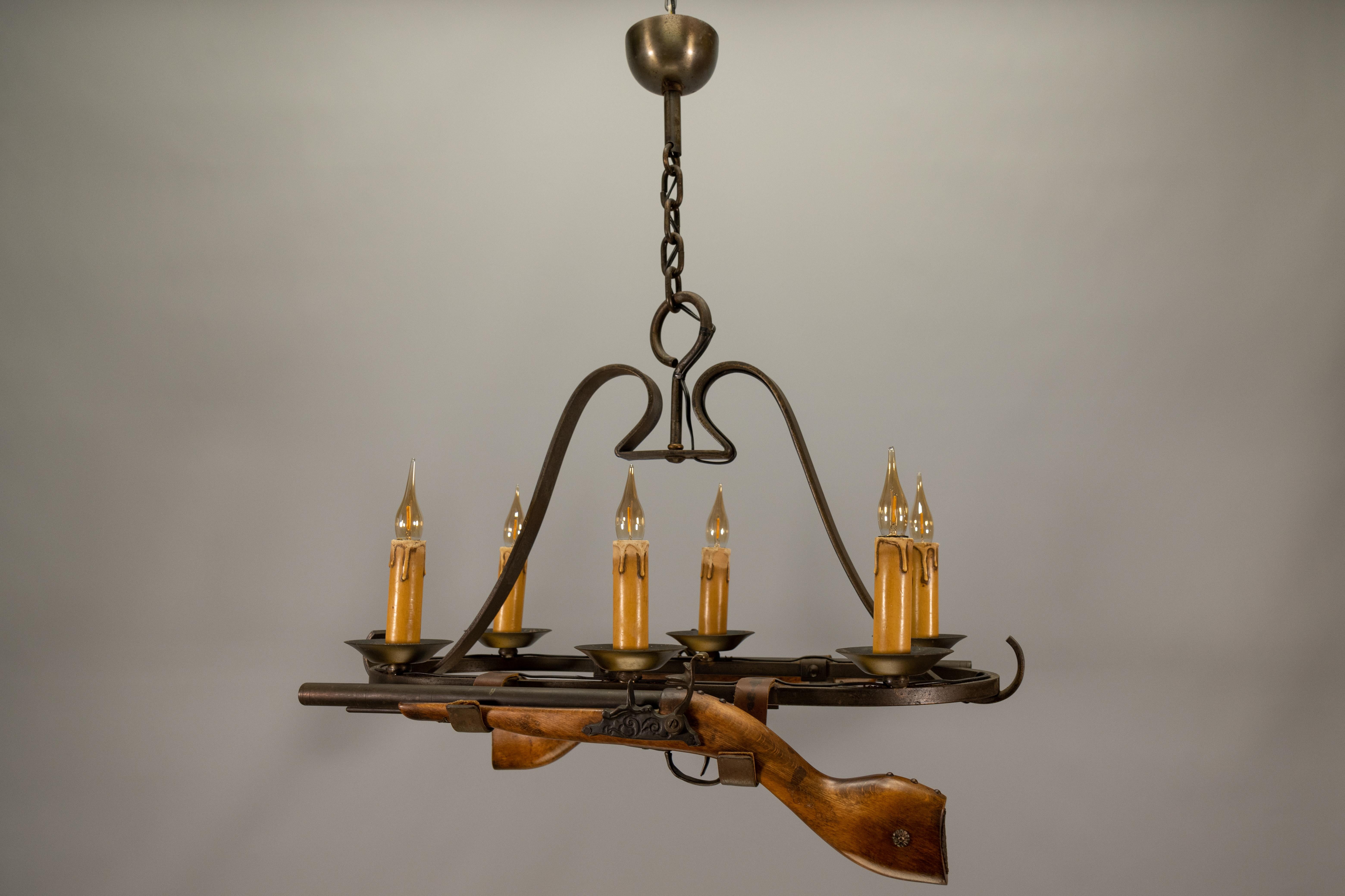 French Wrought Iron Six-Light Chandelier, Rustic Lodge Style, 1970s For Sale 12