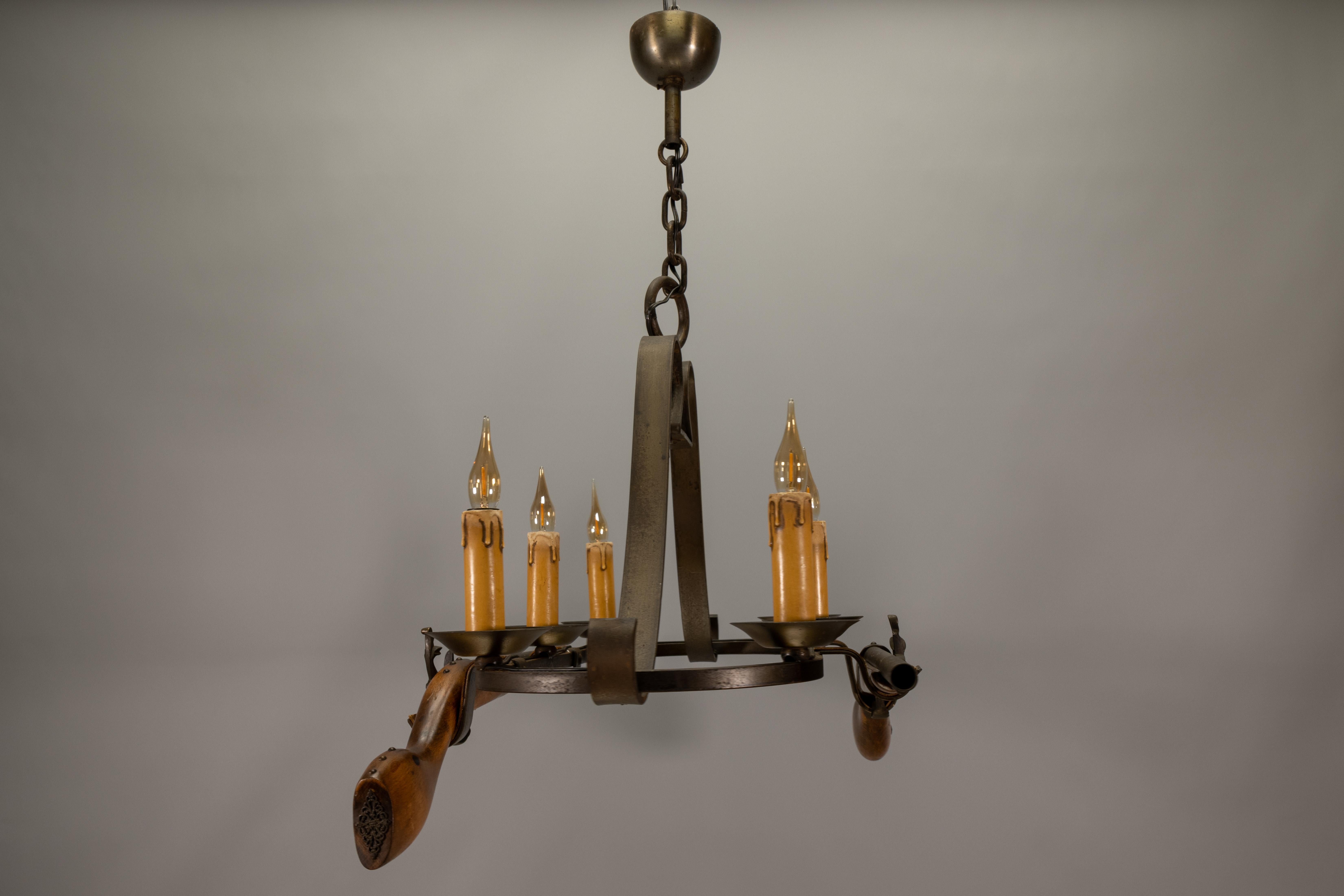 French Wrought Iron Six-Light Chandelier, Rustic Lodge Style, 1970s For Sale 13