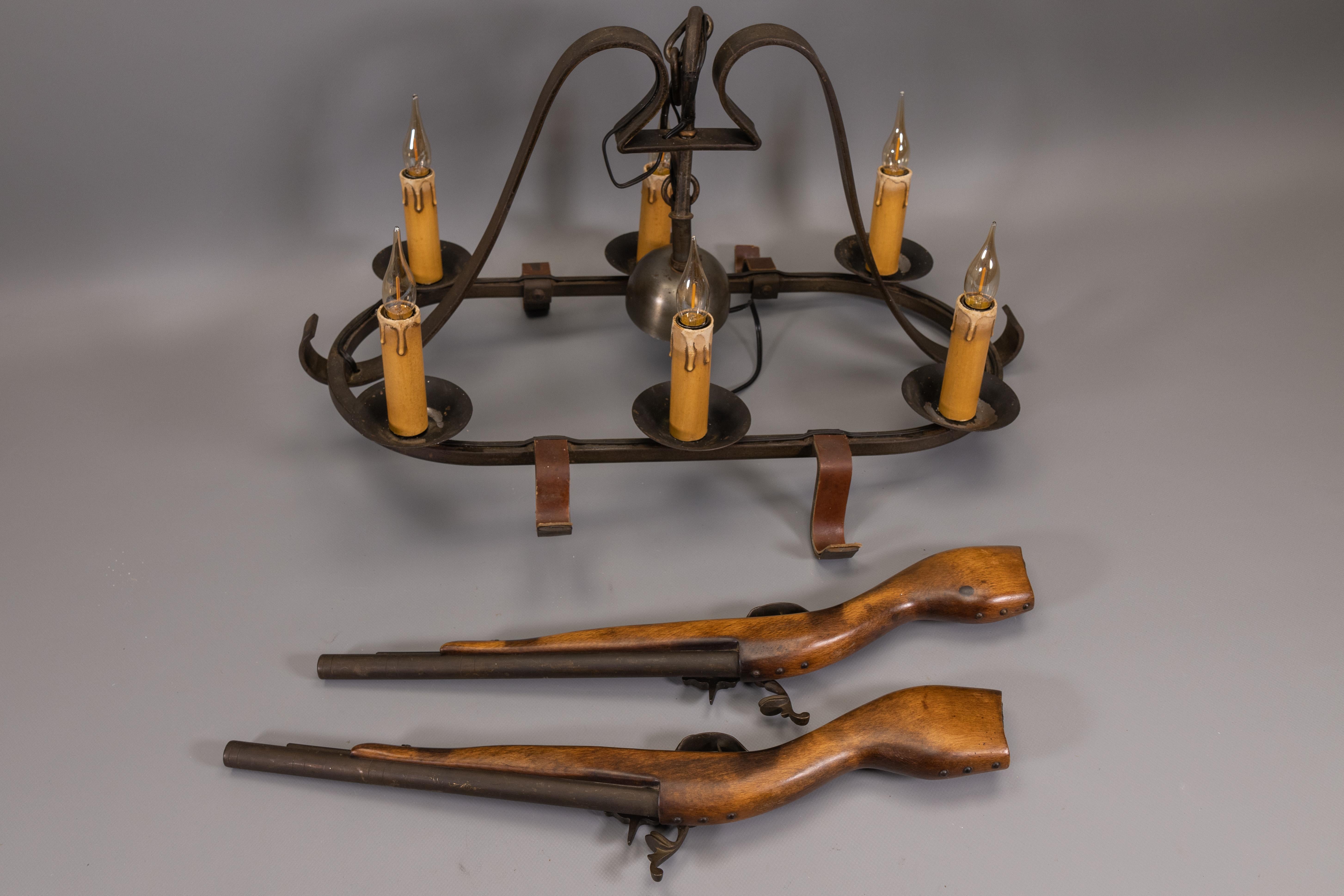French Wrought Iron Six-Light Chandelier, Rustic Lodge Style, 1970s For Sale 15