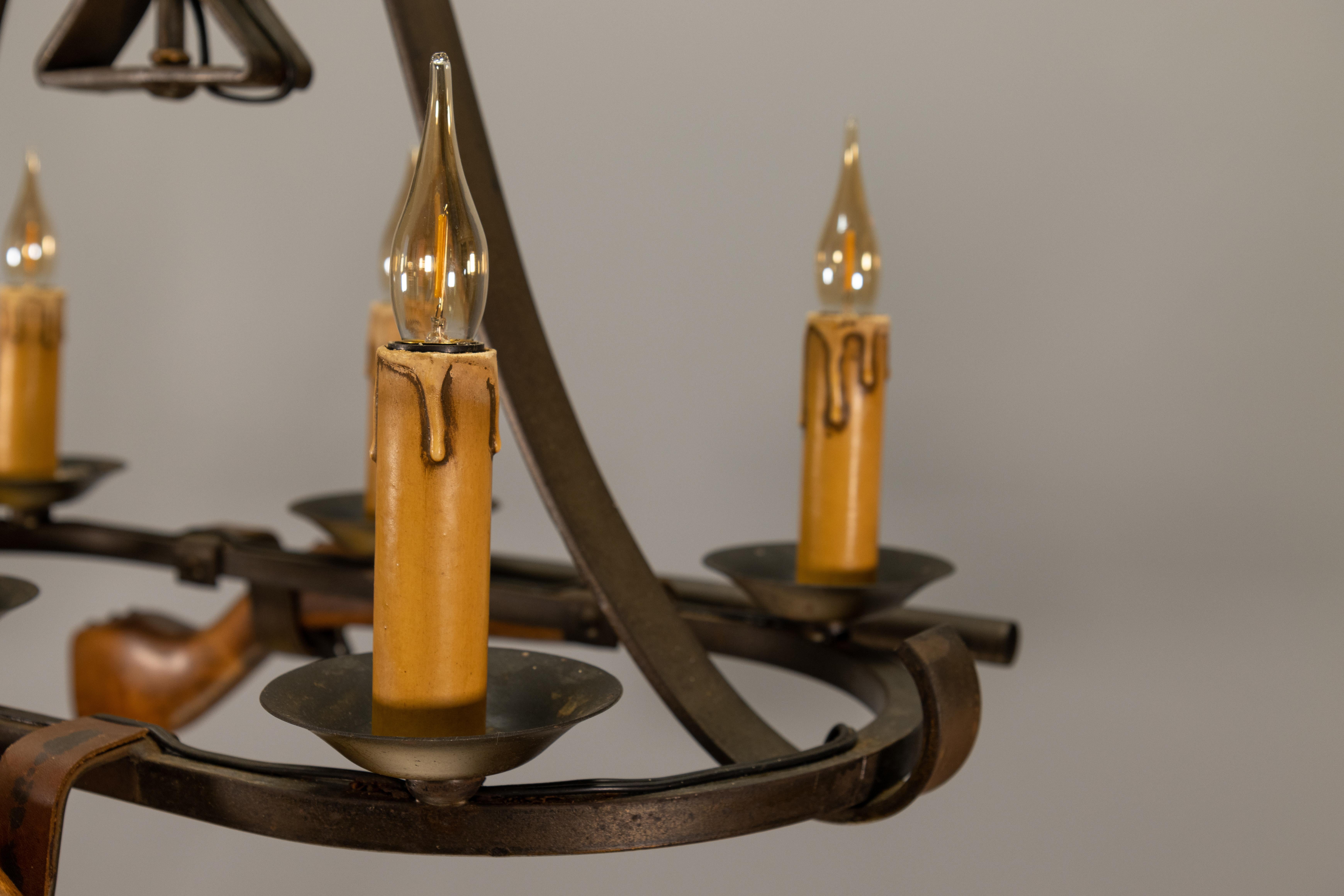 French Wrought Iron Six-Light Chandelier, Rustic Lodge Style, 1970s For Sale 1