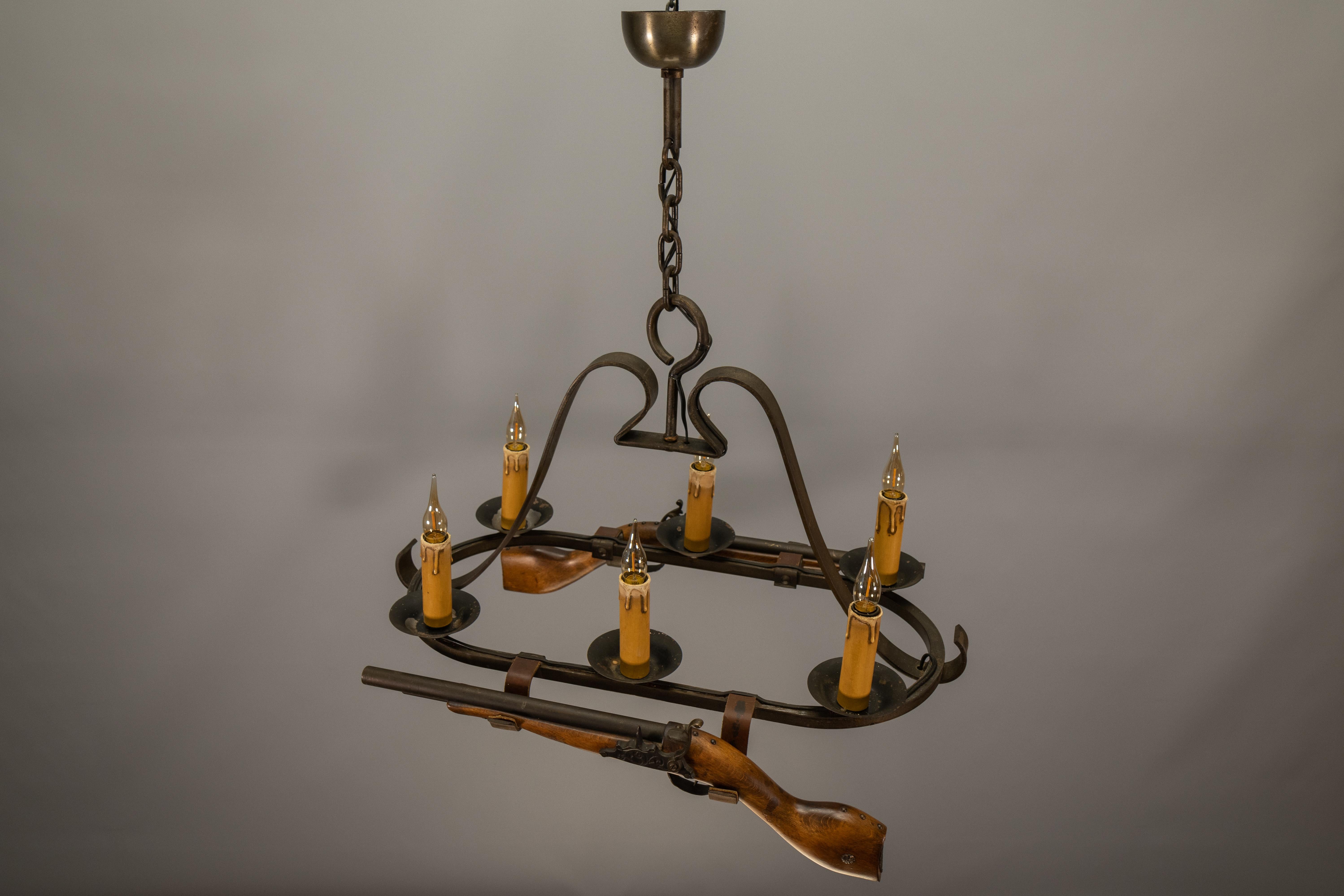 French Wrought Iron Six-Light Chandelier, Rustic Lodge Style, 1970s For Sale 2