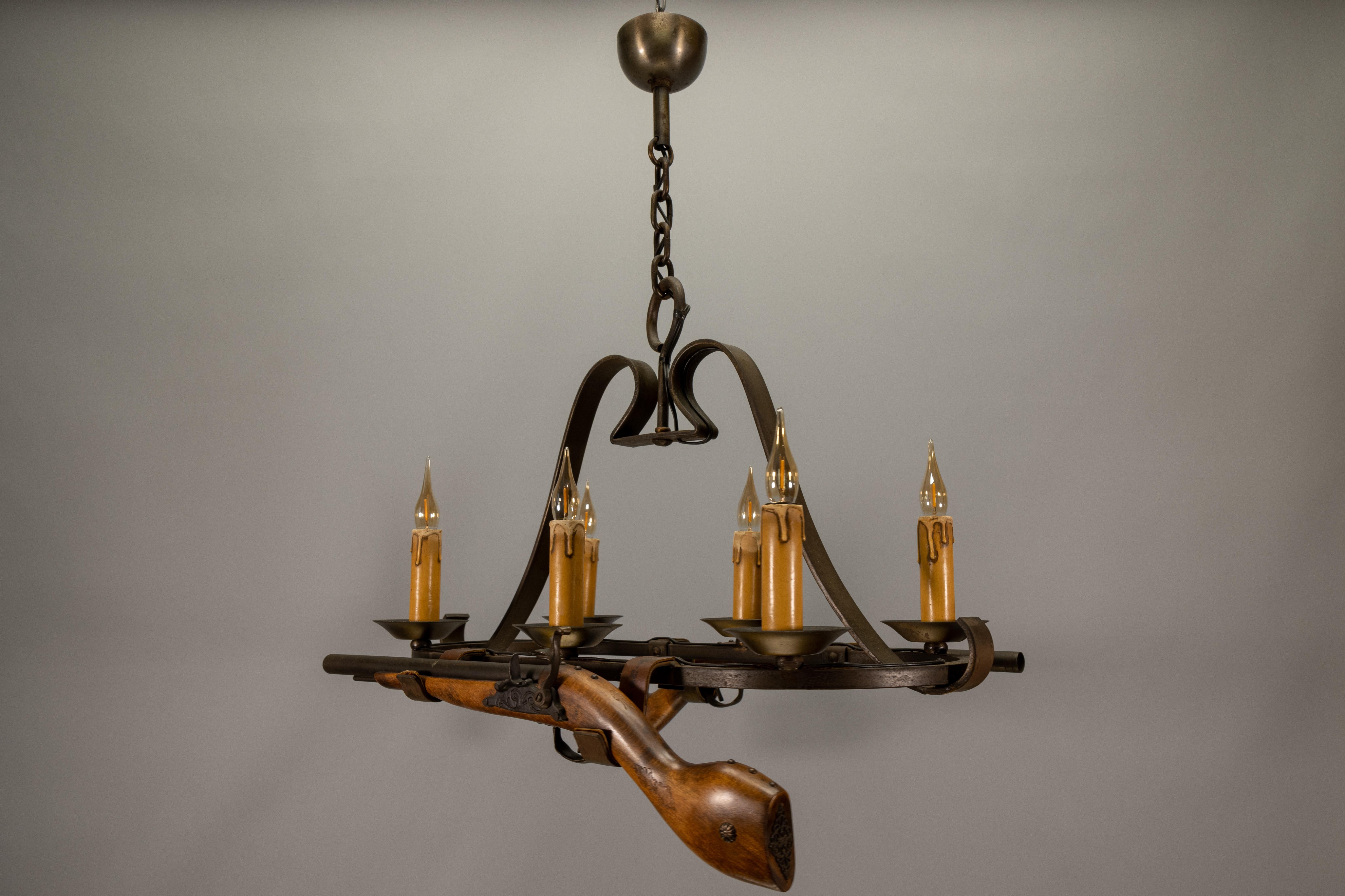 French Wrought Iron Six-Light Chandelier, Rustic Lodge Style, 1970s For Sale 3