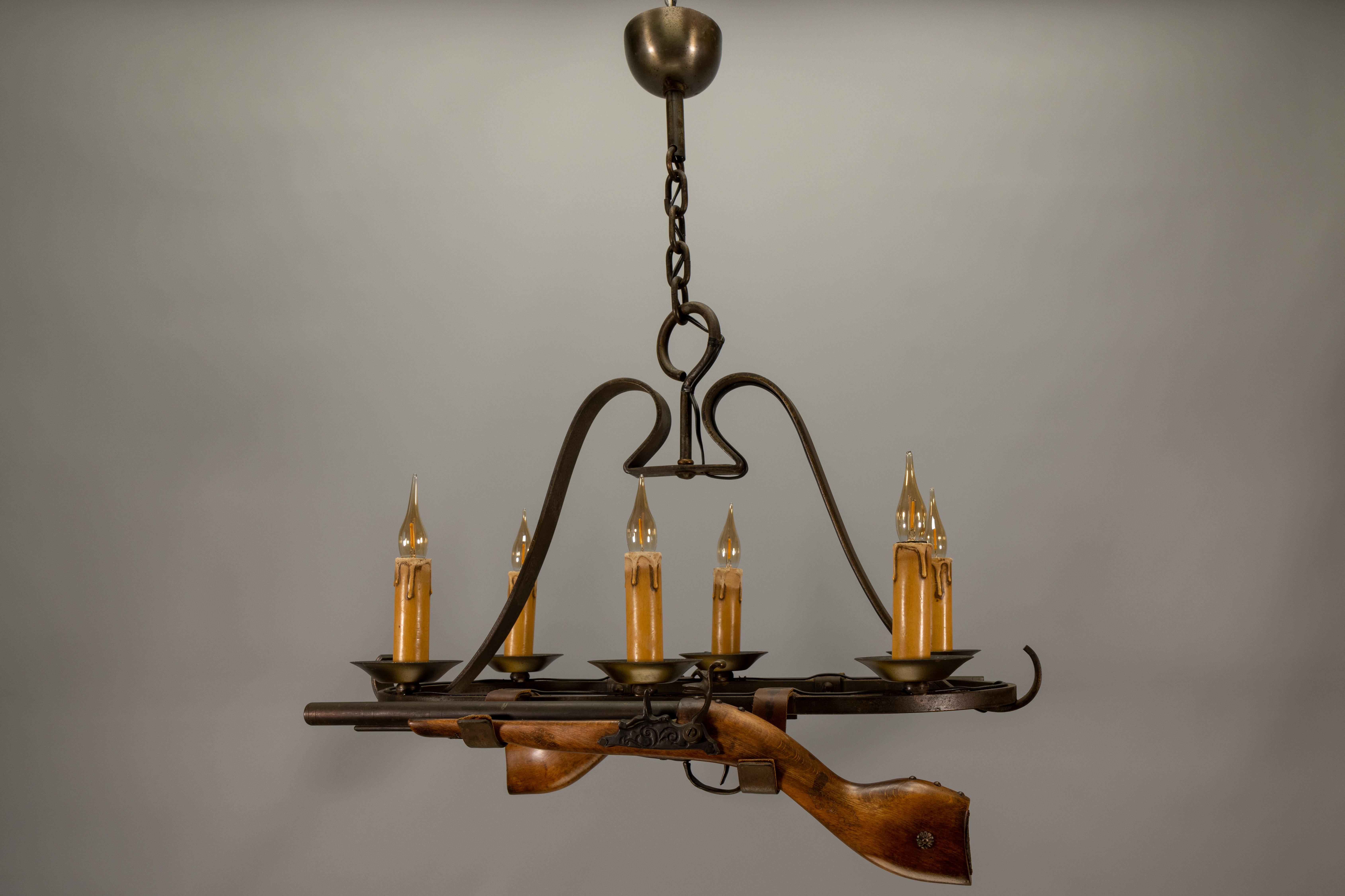 French Wrought Iron Six-Light Chandelier, Rustic Lodge Style, 1970s For Sale 4