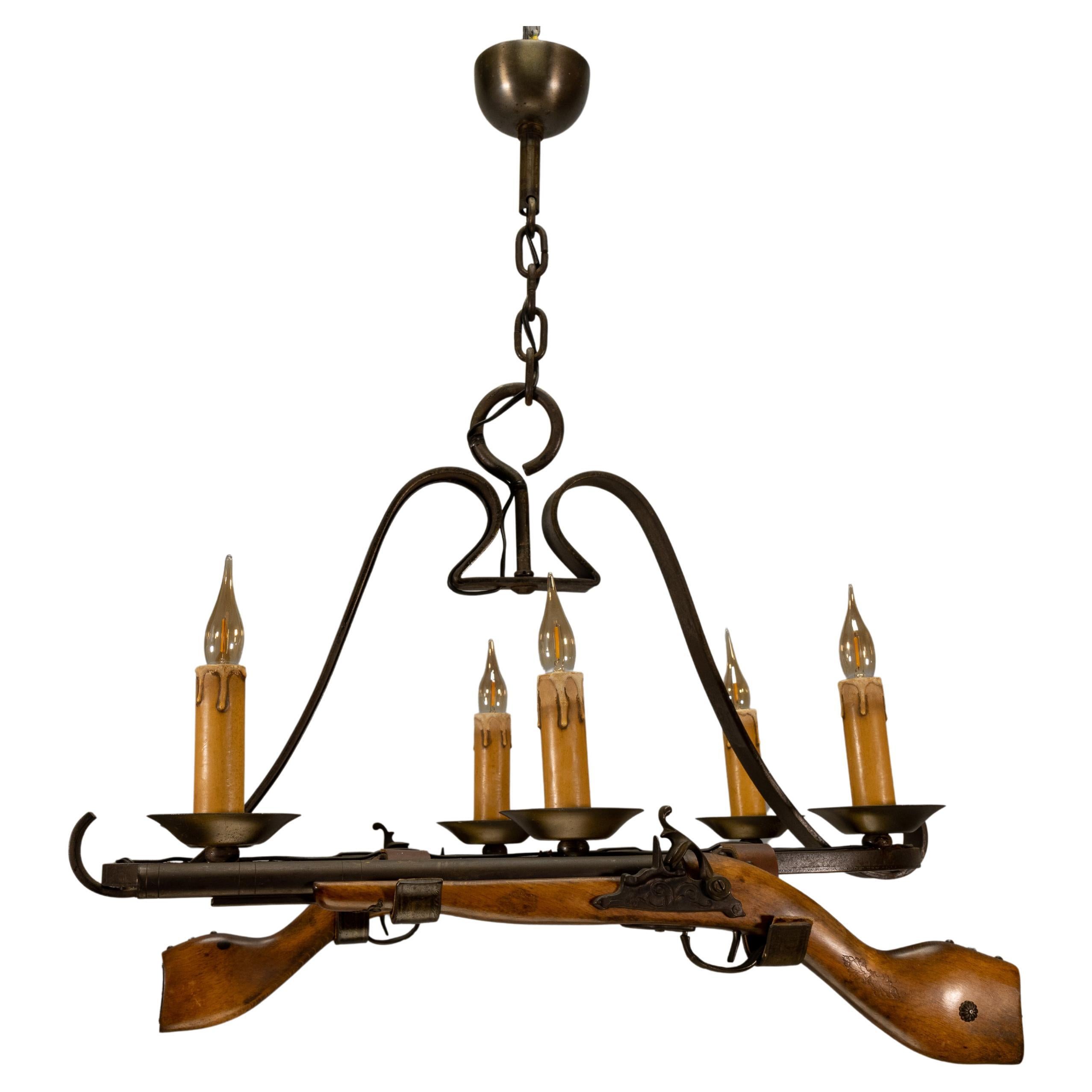 French Wrought Iron Six-Light Chandelier, Rustic Lodge Style, 1970s For Sale