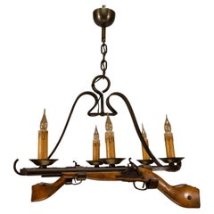 French Wrought Iron Six-Light Chandelier, Rustic Lodge Style, 1970s