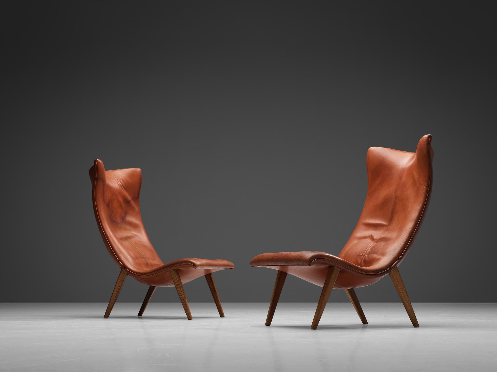 Scandinavian Modern Unique Pair of Frits Henningsen Lounge Chairs in Original Leather