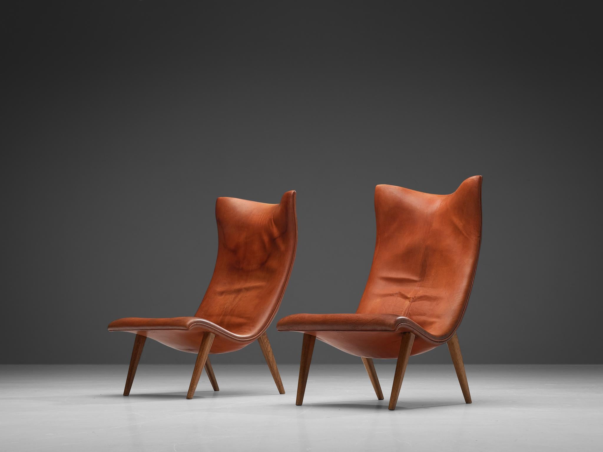 Unique Pair of Frits Henningsen Lounge Chairs in Original Leather In Good Condition In Waalwijk, NL