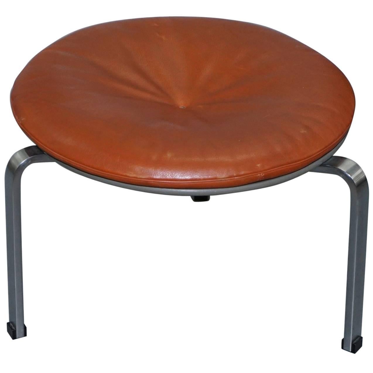 Rare Fritz Hansen 1983 Fully Stamped Danish Leather Poul Kjaerholm PK-33 Stool